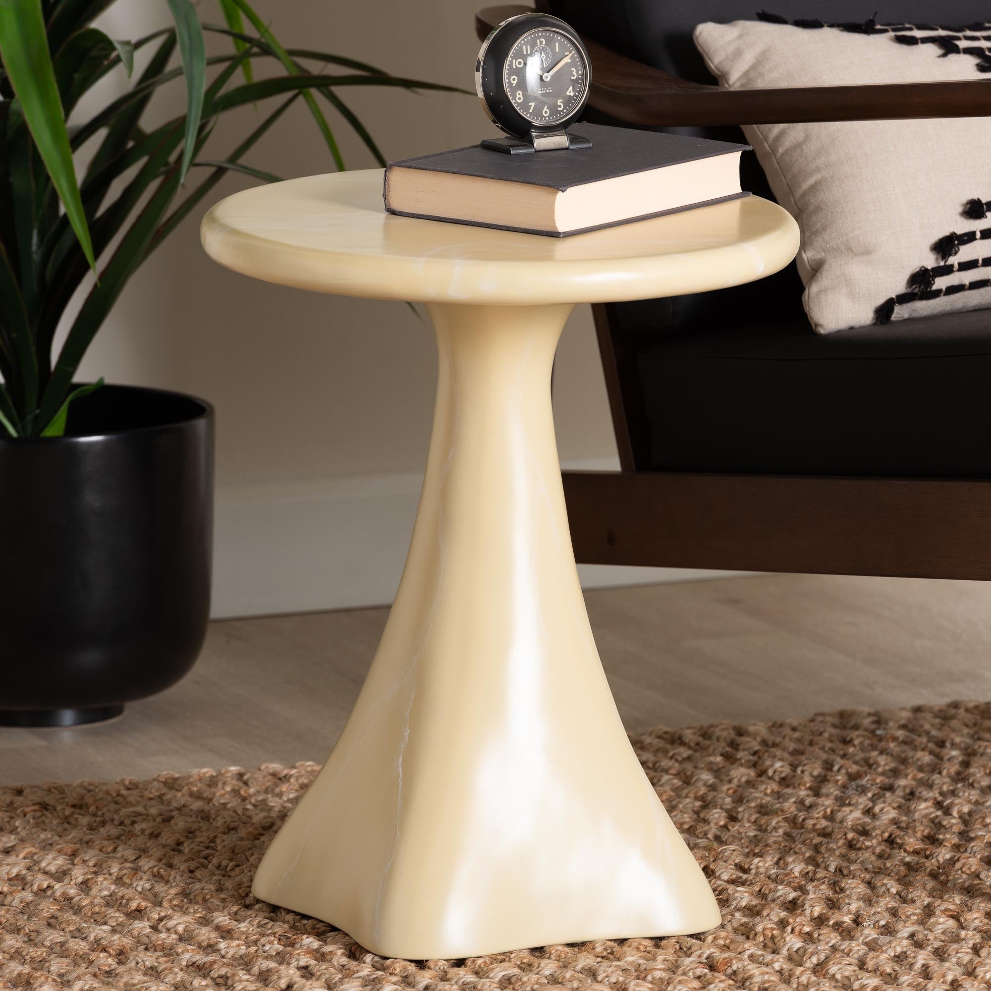 Aponi Marbled Resin End Table - Sculptural Side Table with Round Top and Pedestal Base, Modern Contemporary Statement Furniture, Cream