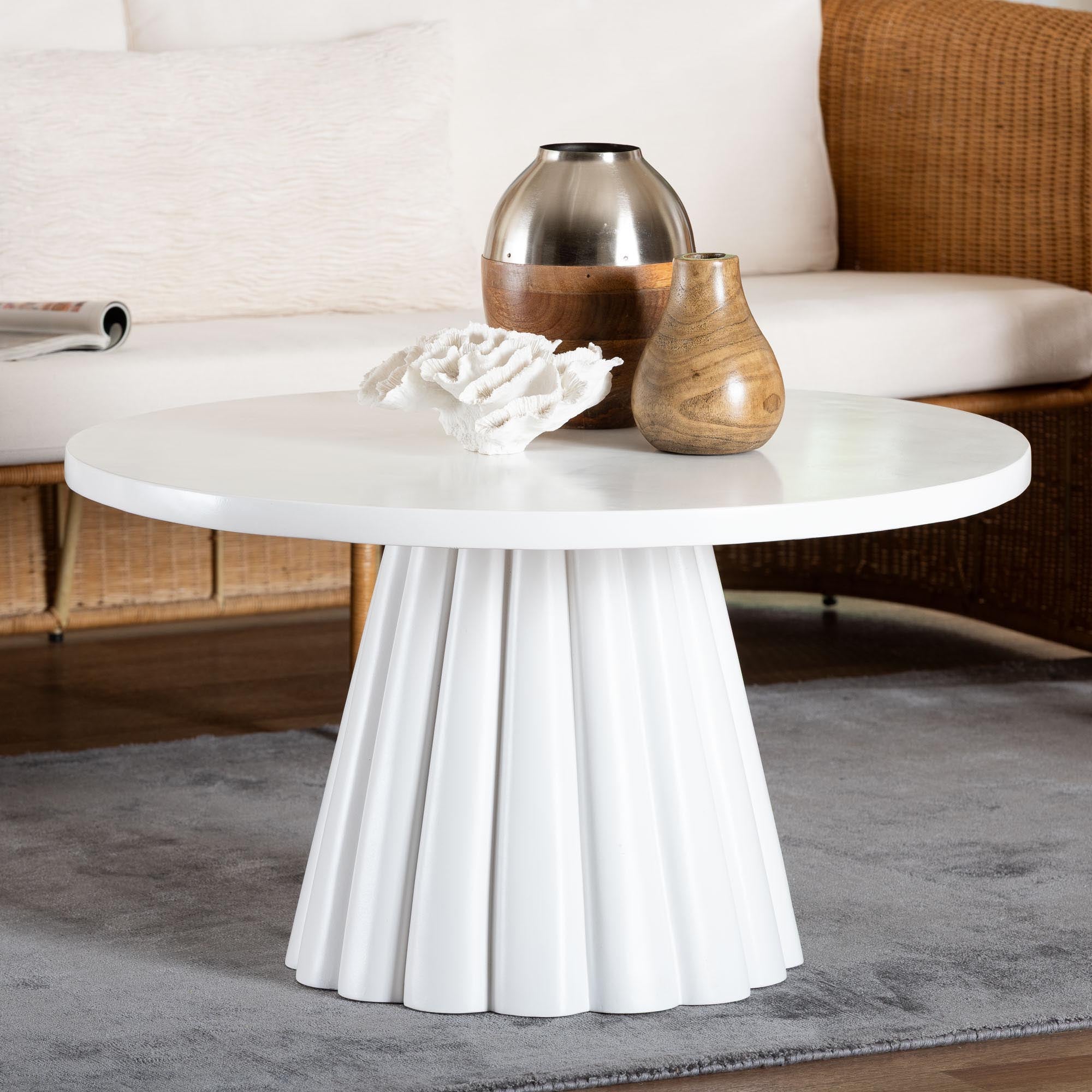 Parvana Round Coffee Table with Fluted Pedestal Base - Contemporary White Resin Accent Table