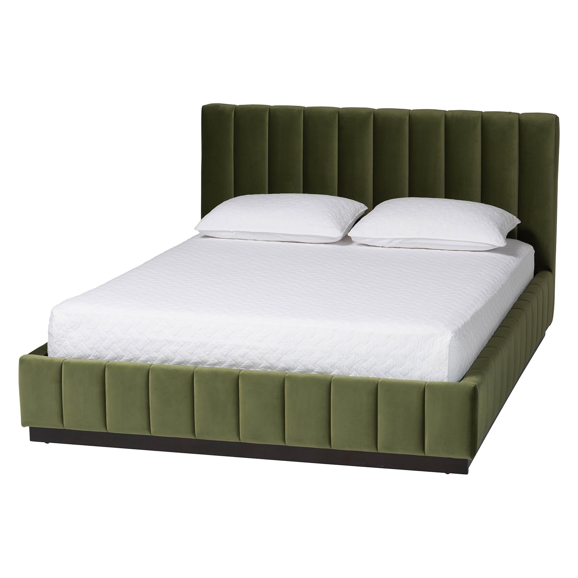 Baxton Studio Granger Velvet Upholstered Platform Bed with Channel Tufted Headboard, Modern Low Profile Bed Frame, Moss Green, Queen