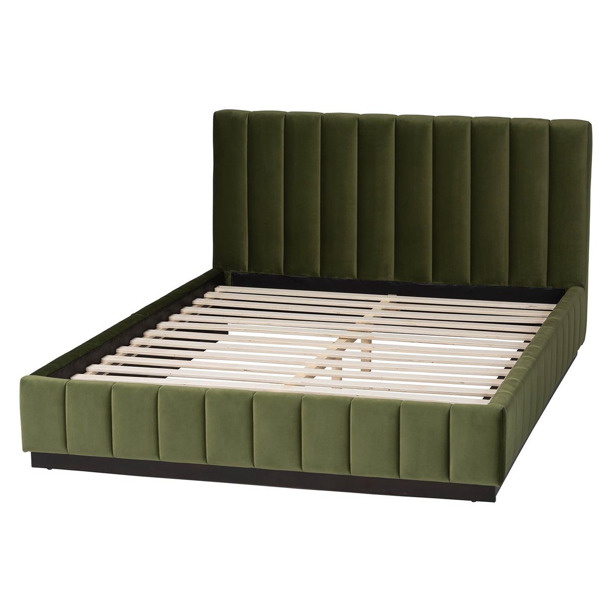 Granger Velvet Upholstered Platform Bed with Channel Tufted Headboard, Modern Low Profile Bed Frame, Moss Green, Queen