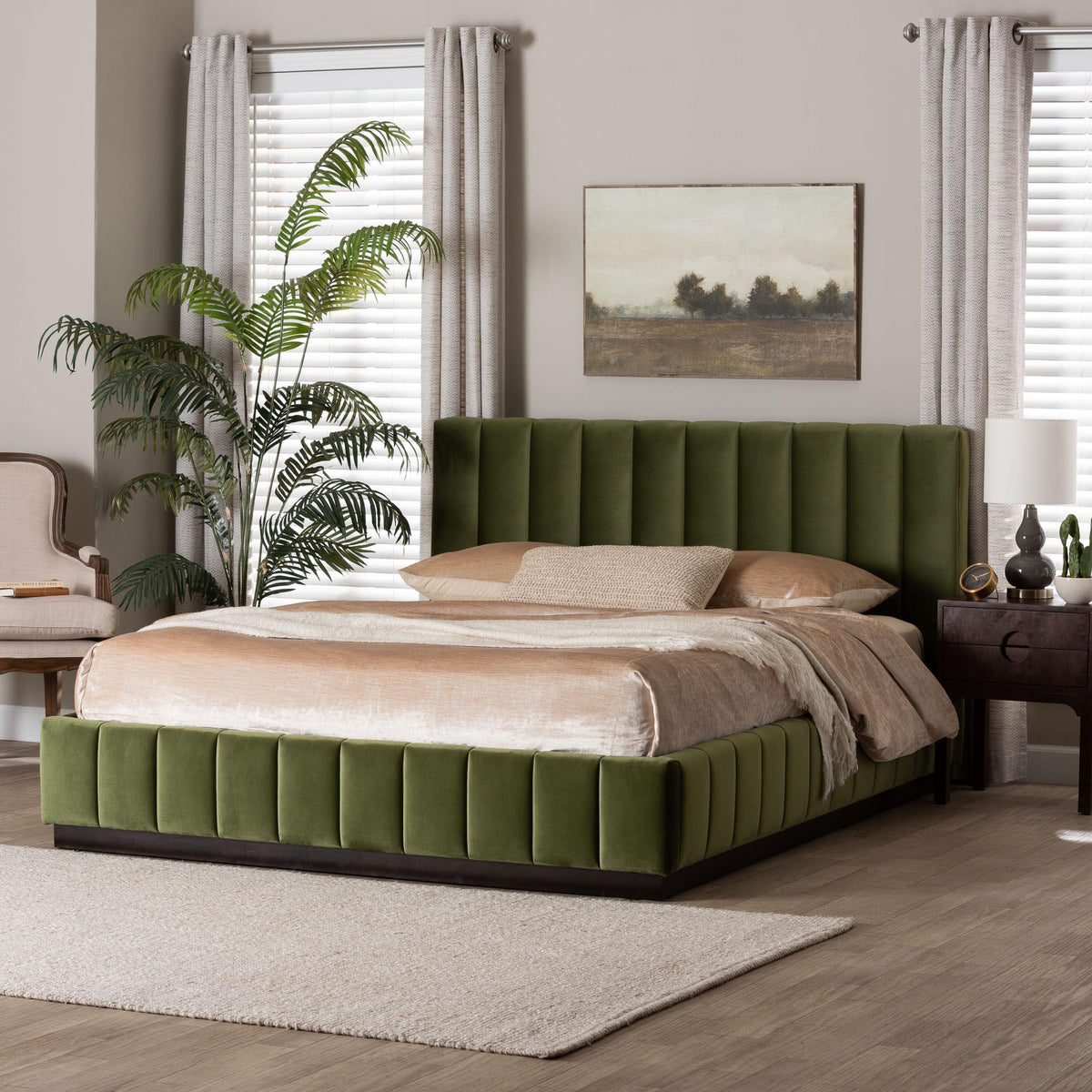 Granger Velvet Upholstered Platform Bed with Channel Tufted Headboard, Modern Low Profile Bed Frame, Moss Green, Queen
