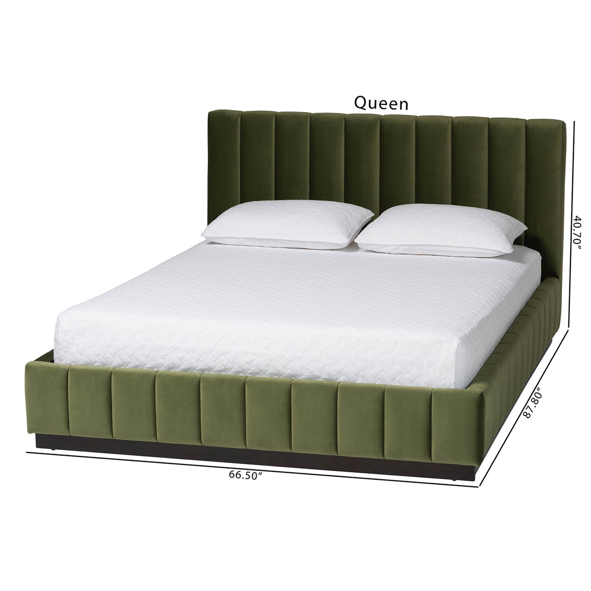 Granger Velvet Upholstered Platform Bed with Channel Tufted Headboard, Modern Low Profile Bed Frame, Moss Green, Queen