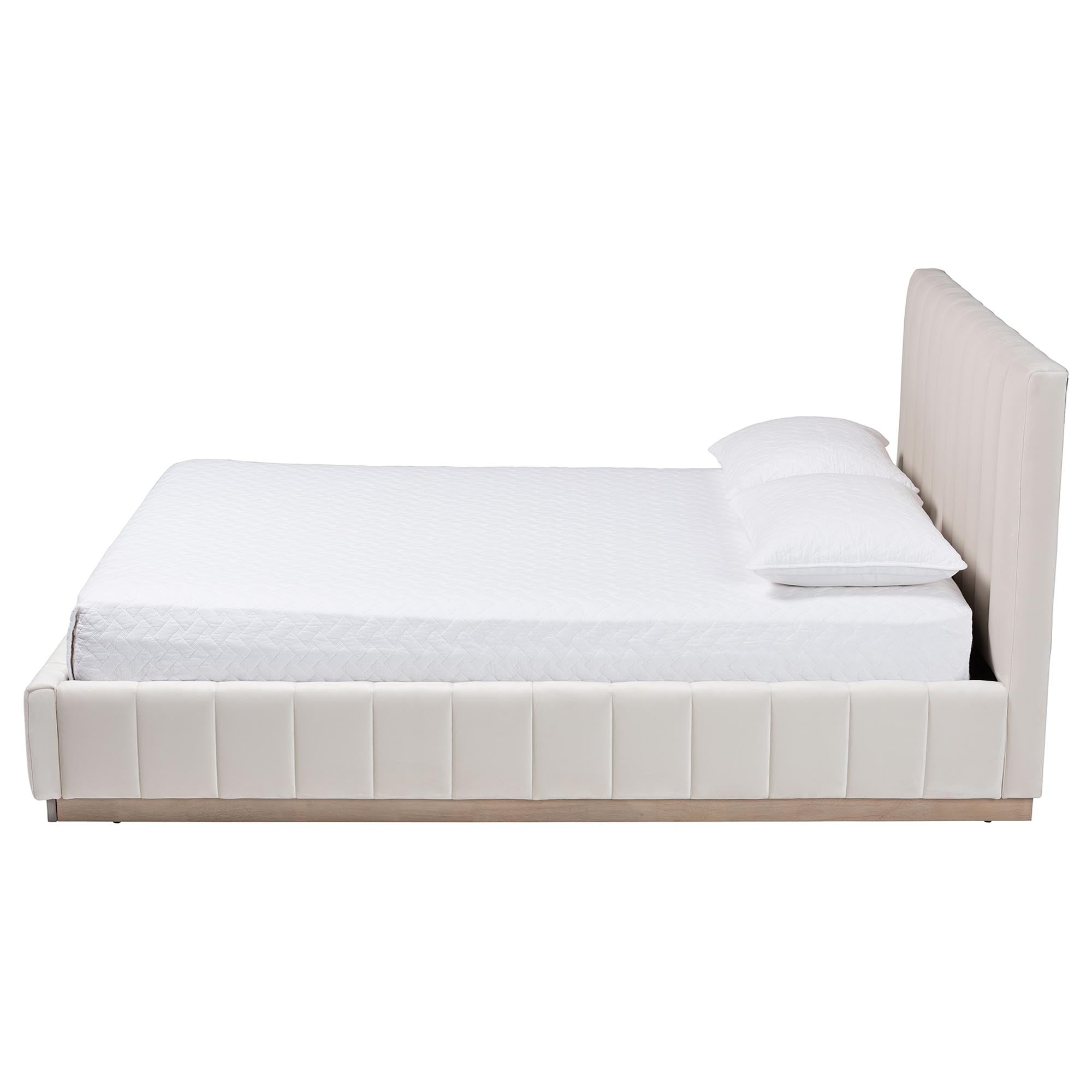 Granger Velvet Upholstered Platform Bed with Channel Tufted Headboard, Modern Low Profile Bed Frame, Alabaster White, Queen