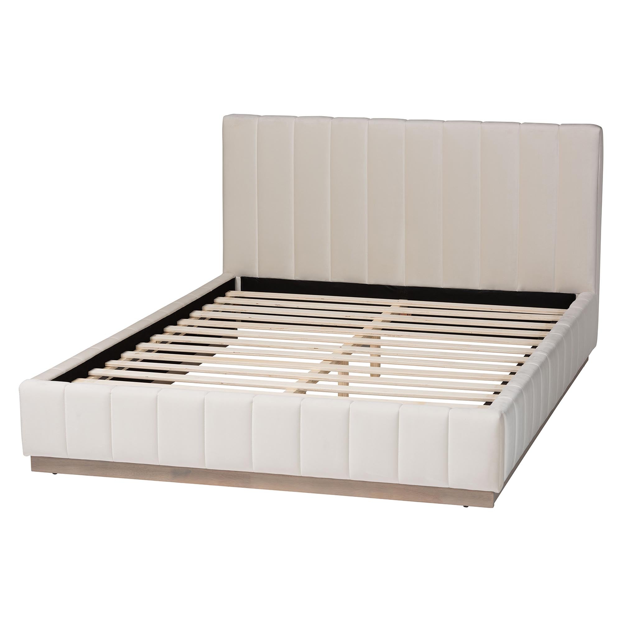 Granger Velvet Upholstered Platform Bed with Channel Tufted Headboard, Modern Low Profile Bed Frame, Alabaster White, Queen