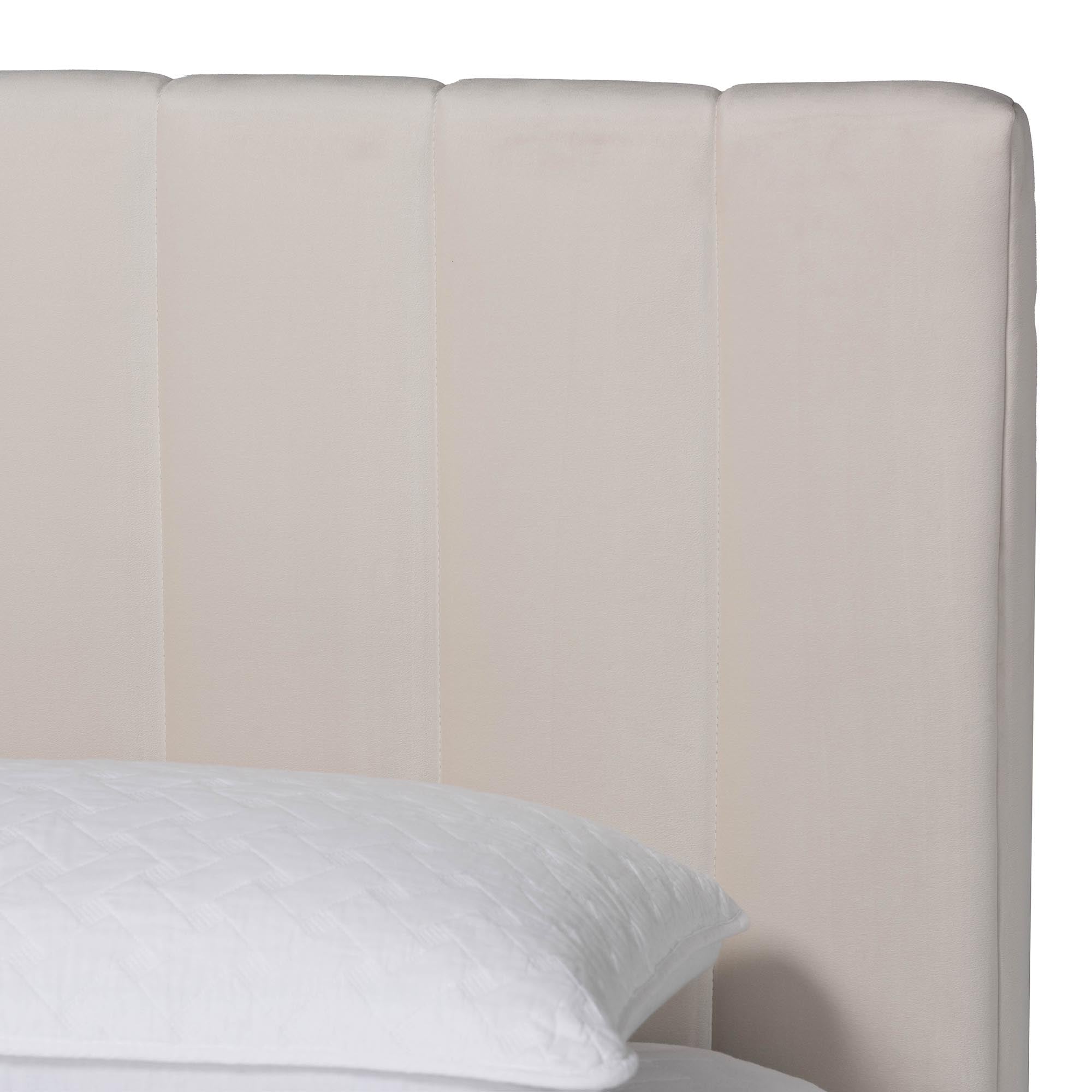 Granger Velvet Upholstered Platform Bed with Channel Tufted Headboard, Modern Low Profile Bed Frame, Alabaster White, Queen