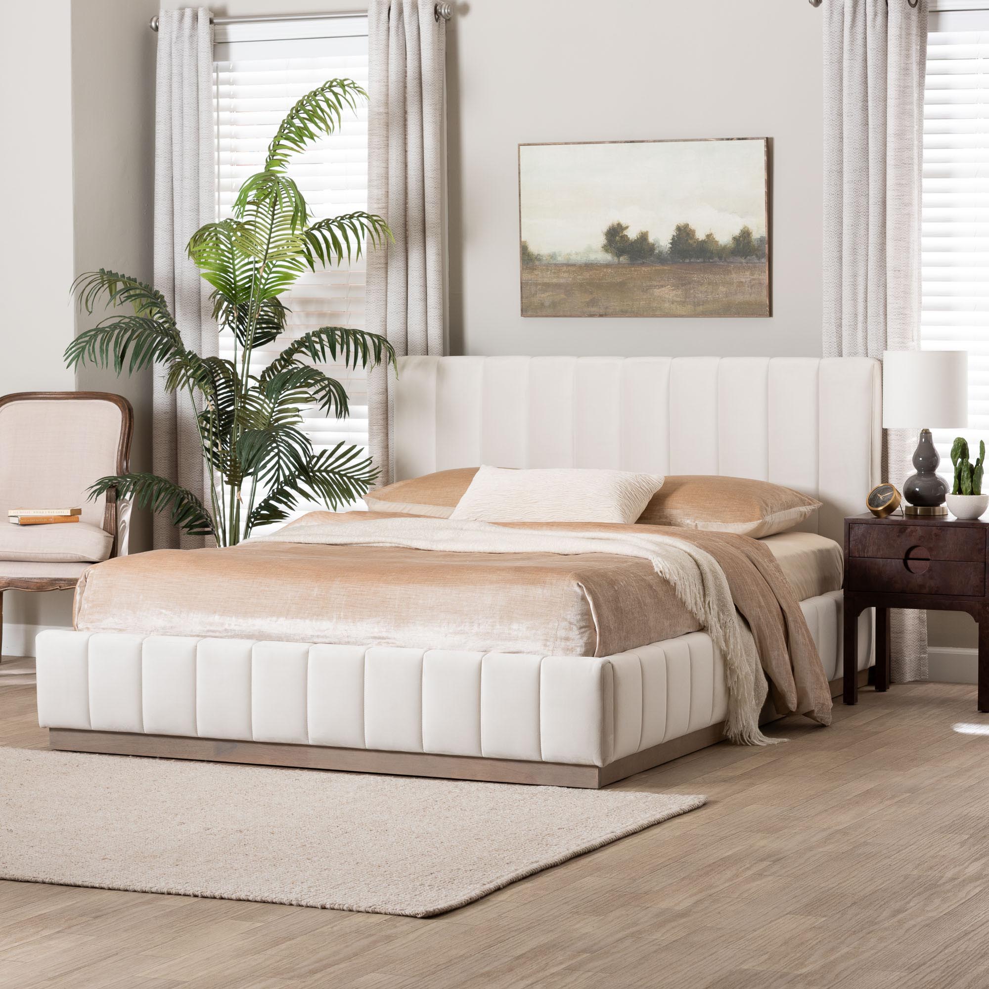 Granger Velvet Upholstered Platform Bed with Channel Tufted Headboard, Modern Low Profile Bed Frame, Alabaster White, Queen
