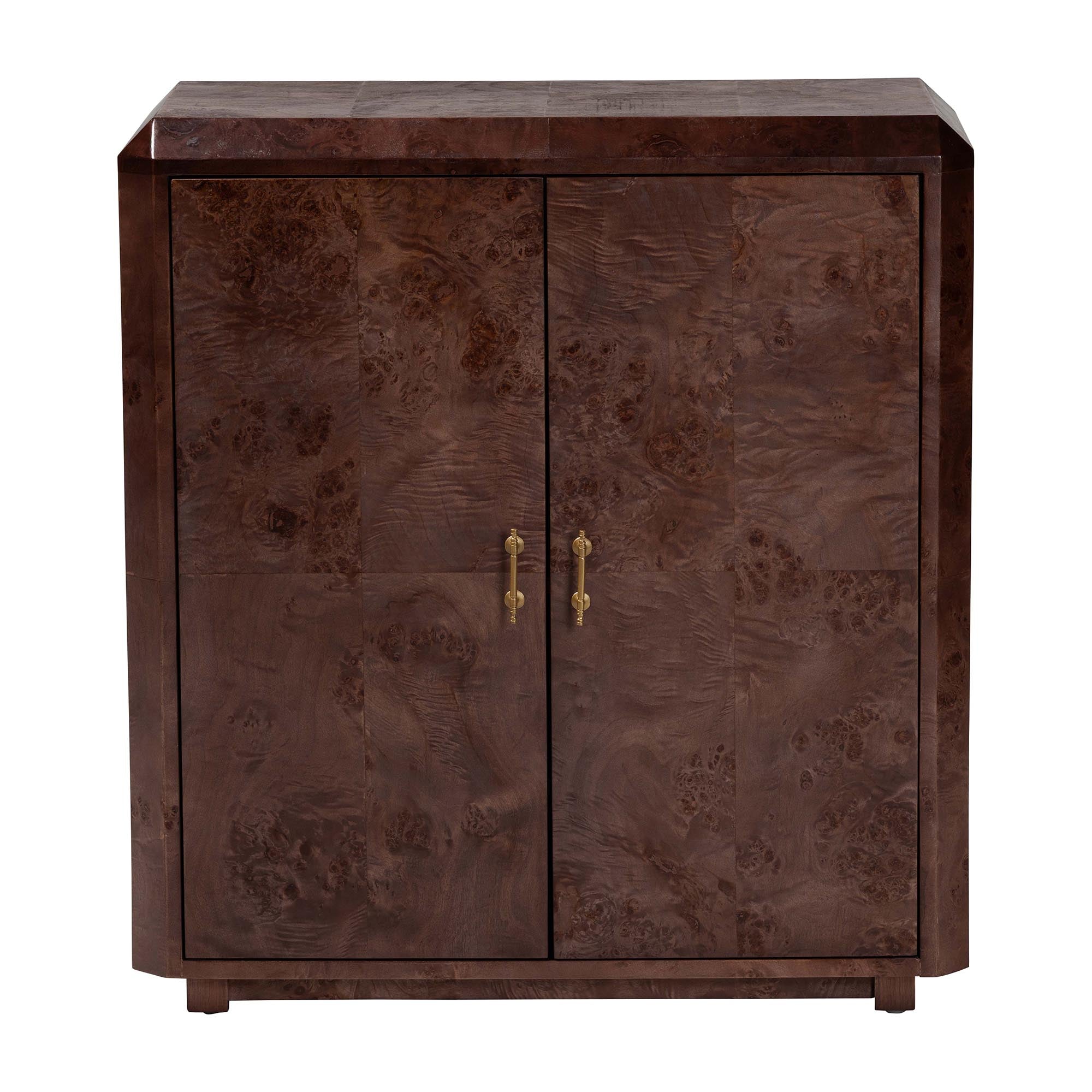 Valora Real Burl Wood Storage Cabinet in Dark Walnut Brown - Modern Accent Cupboard with Double Doors and Brass Handles, Elegant Sideboard for Living Room, Entryway or Dining Area
