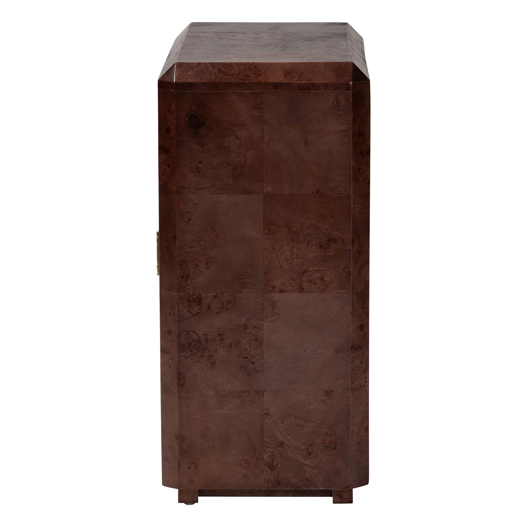 Valora Real Burl Wood Storage Cabinet in Dark Walnut Brown - Modern Accent Cupboard with Double Doors and Brass Handles, Elegant Sideboard for Living Room, Entryway or Dining Area