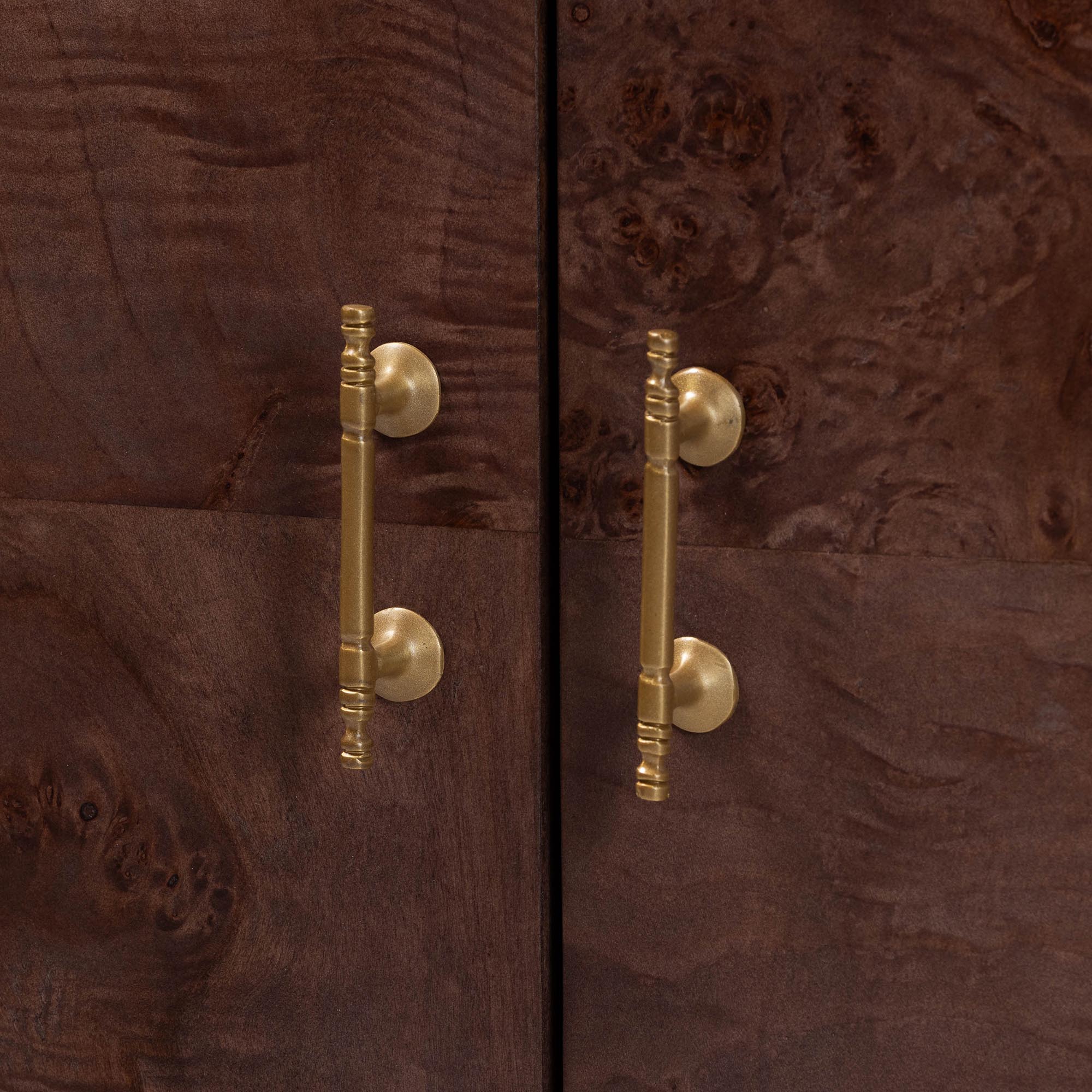 Valora Real Burl Wood Storage Cabinet in Dark Walnut Brown - Modern Accent Cupboard with Double Doors and Brass Handles, Elegant Sideboard for Living Room, Entryway or Dining Area