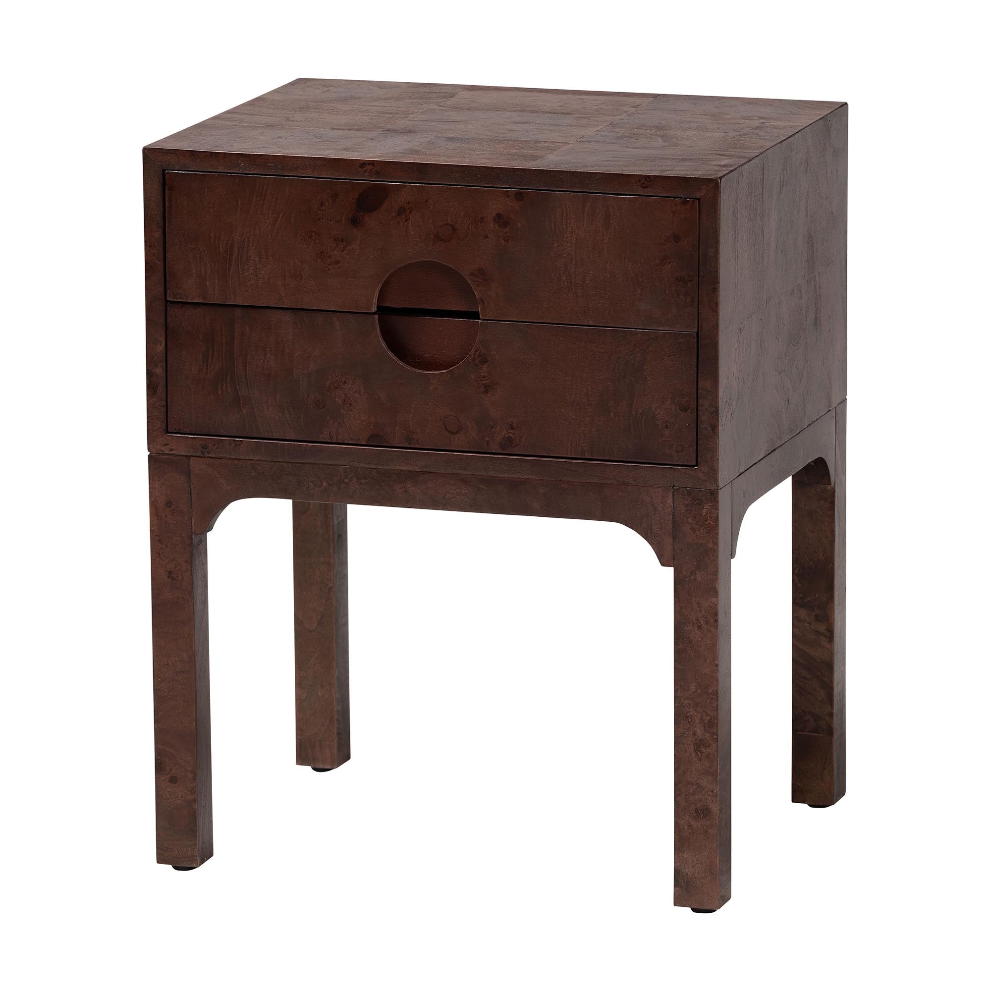 Kayla Real Burl Wood Nightstand in Dark Walnut Brown - Modern Bedside Table with Two Drawers and Cutout Handle Design