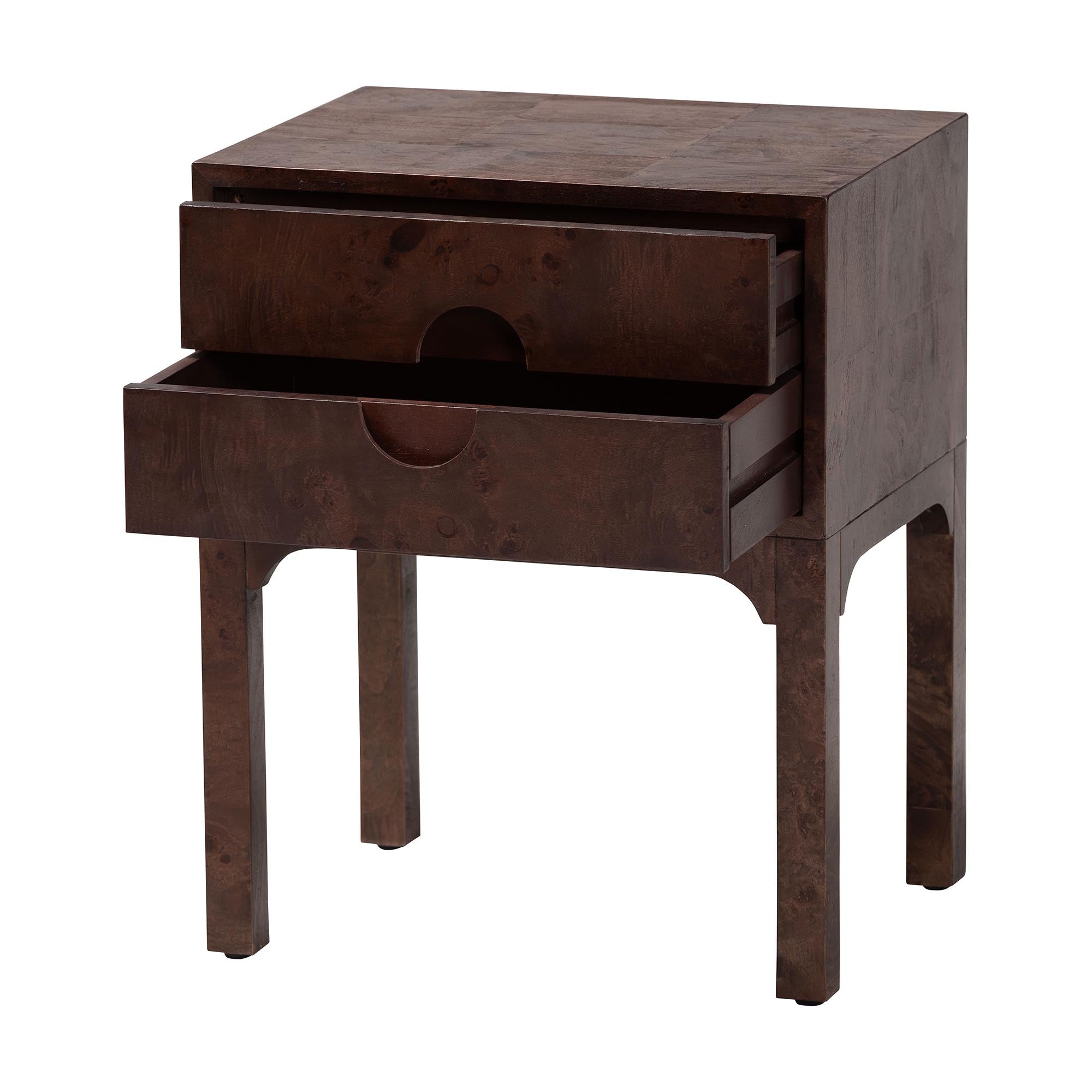 Kayla Real Burl Wood Nightstand in Dark Walnut Brown - Modern Bedside Table with Two Drawers and Cutout Handle Design