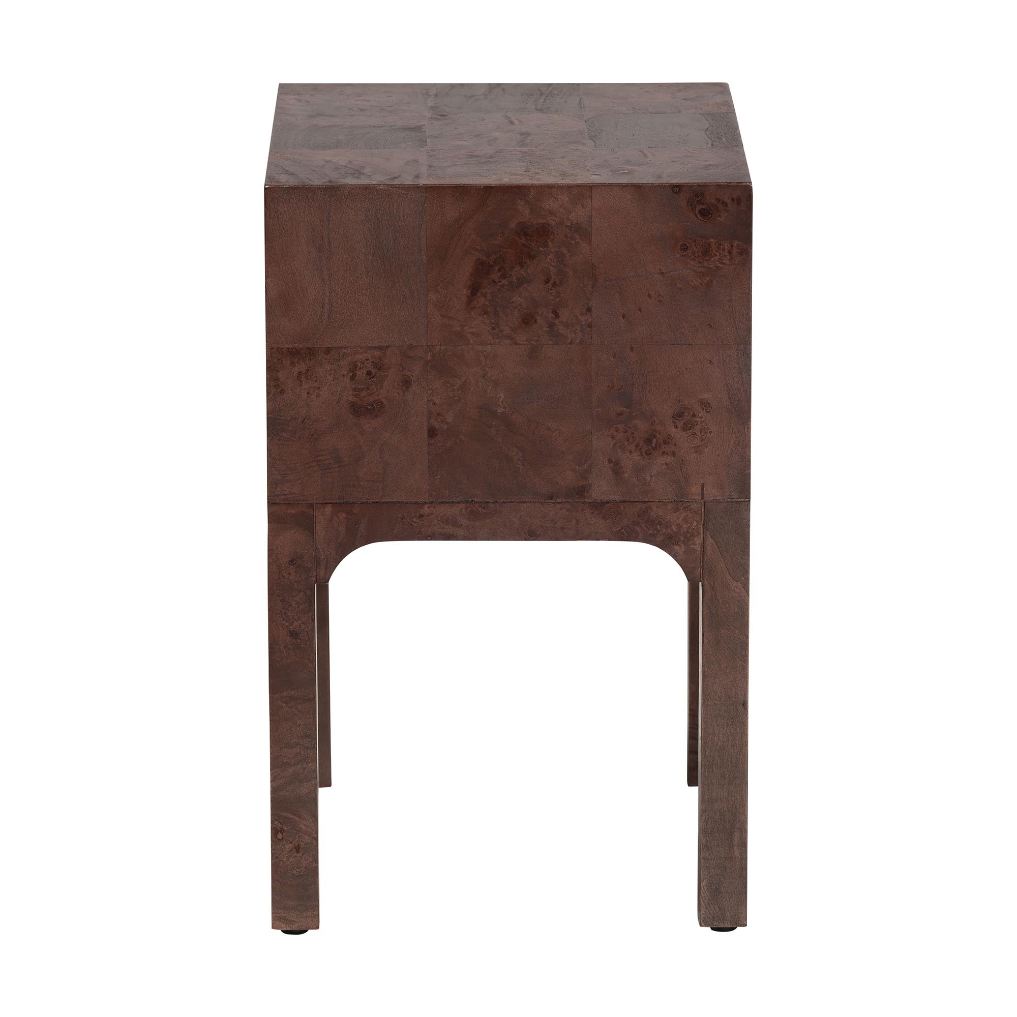 Kayla Real Burl Wood Nightstand in Dark Walnut Brown - Modern Bedside Table with Two Drawers and Cutout Handle Design