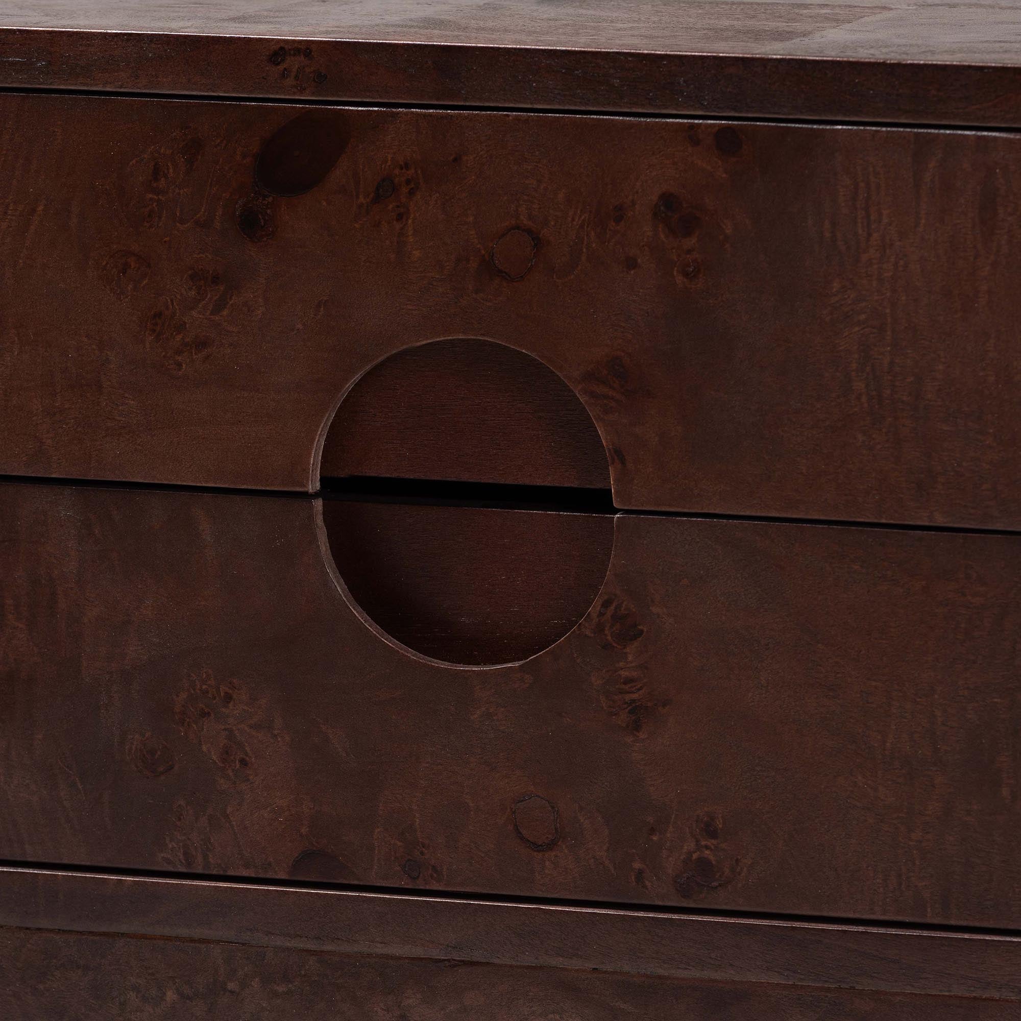 Kayla Real Burl Wood Nightstand in Dark Walnut Brown - Modern Bedside Table with Two Drawers and Cutout Handle Design