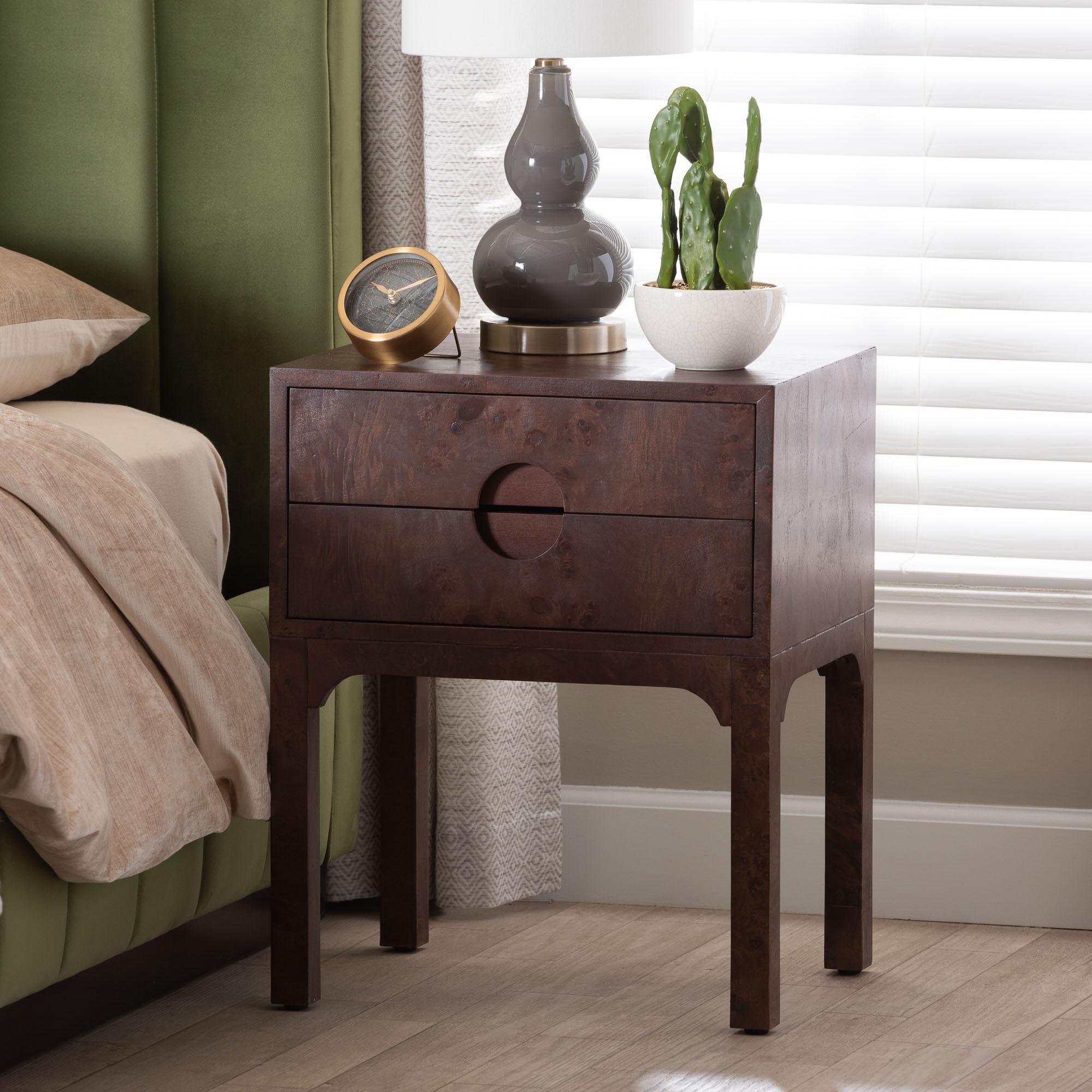 Kayla Real Burl Wood Nightstand in Dark Walnut Brown - Modern Bedside Table with Two Drawers and Cutout Handle Design