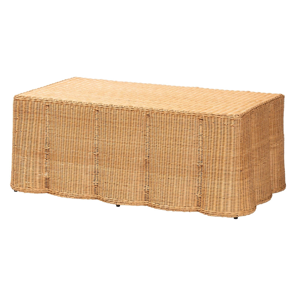 Palm Scalloped Rattan Coffee Table - Handwoven Wicker Rectangle Accent Table for Living Room