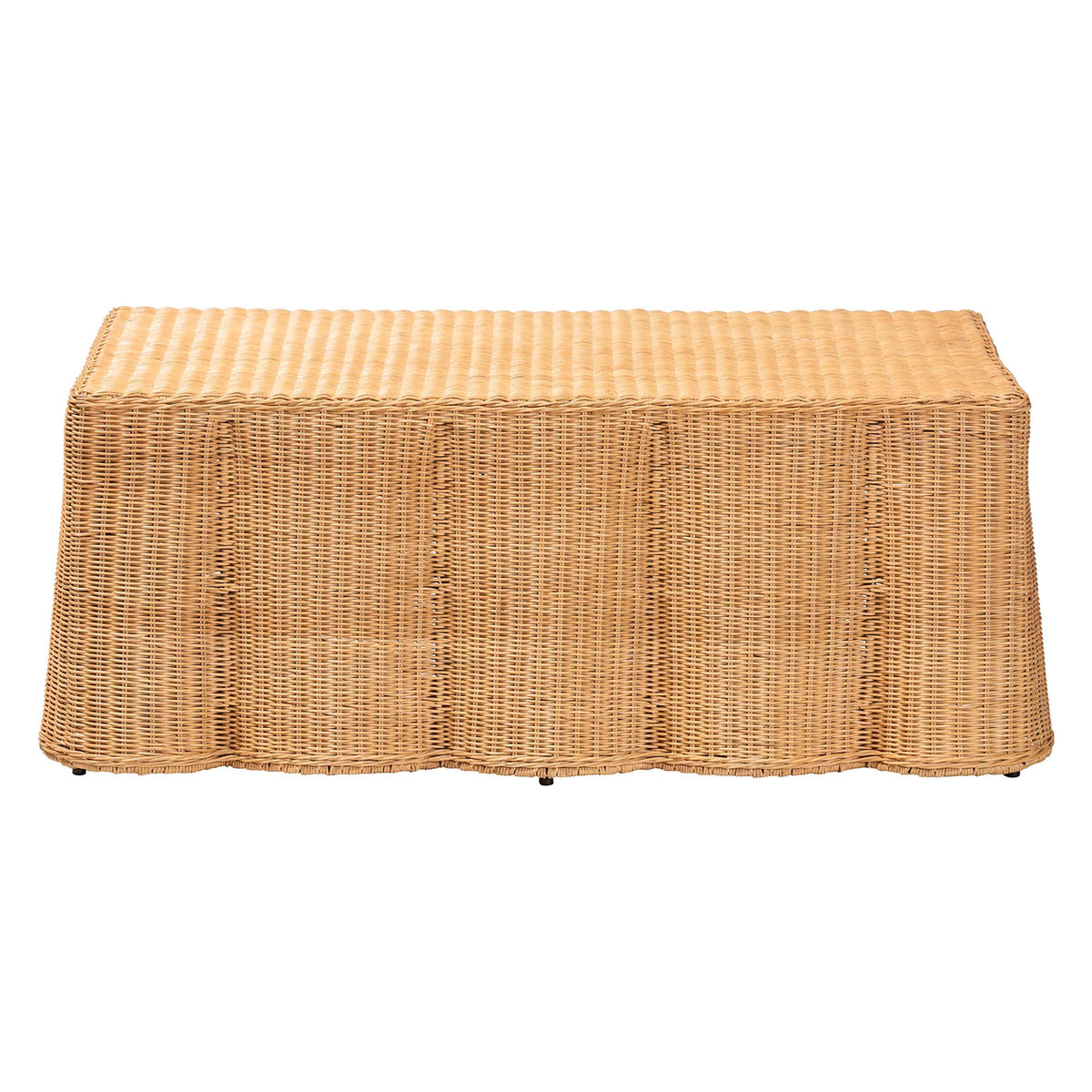 Palm Scalloped Rattan Coffee Table - Handwoven Wicker Rectangle Accent Table for Living Room