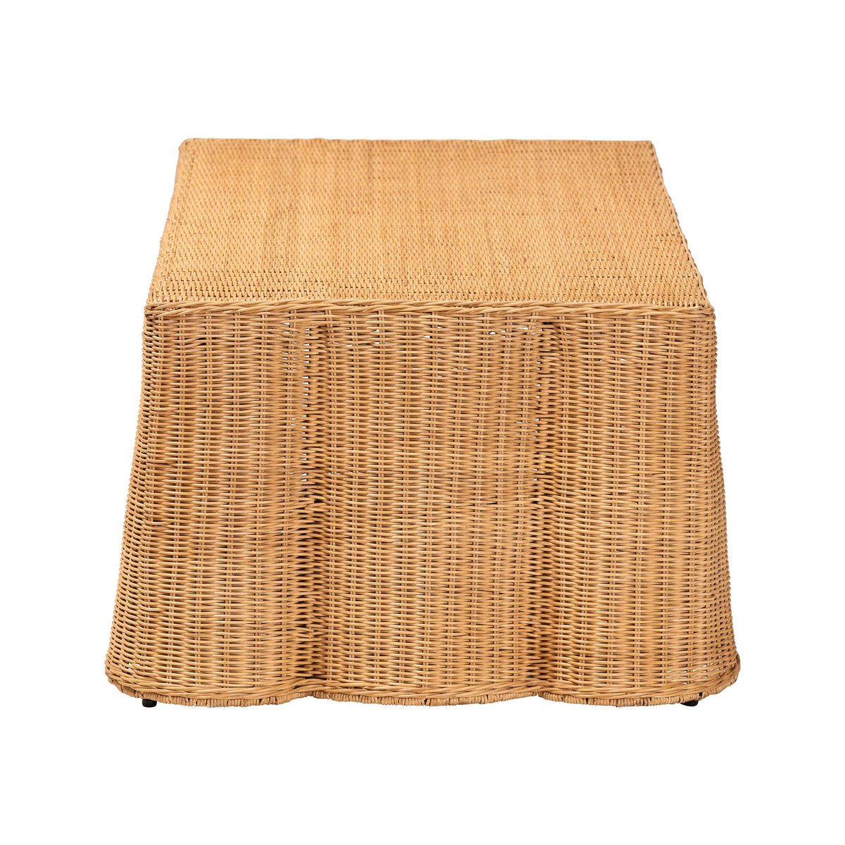 Palm Scalloped Rattan Coffee Table - Handwoven Wicker Rectangle Accent Table for Living Room