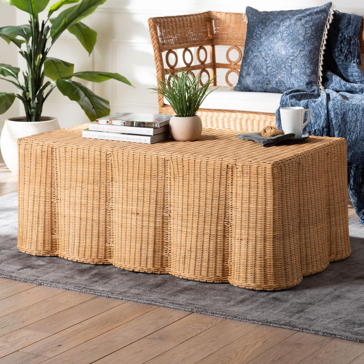 Palm Scalloped Rattan Coffee Table - Handwoven Wicker Rectangle Accent Table for Living Room