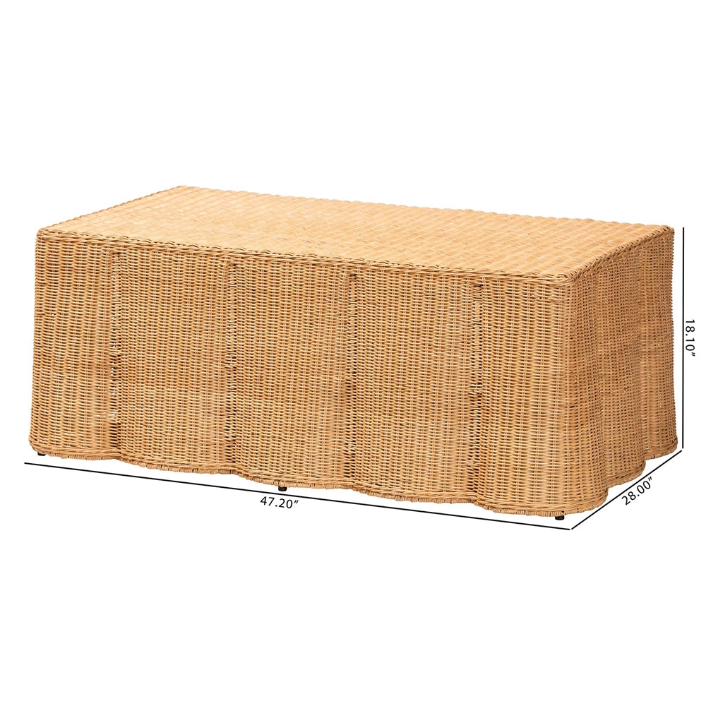 Palm Scalloped Rattan Coffee Table - Handwoven Wicker Rectangle Accent Table for Living Room