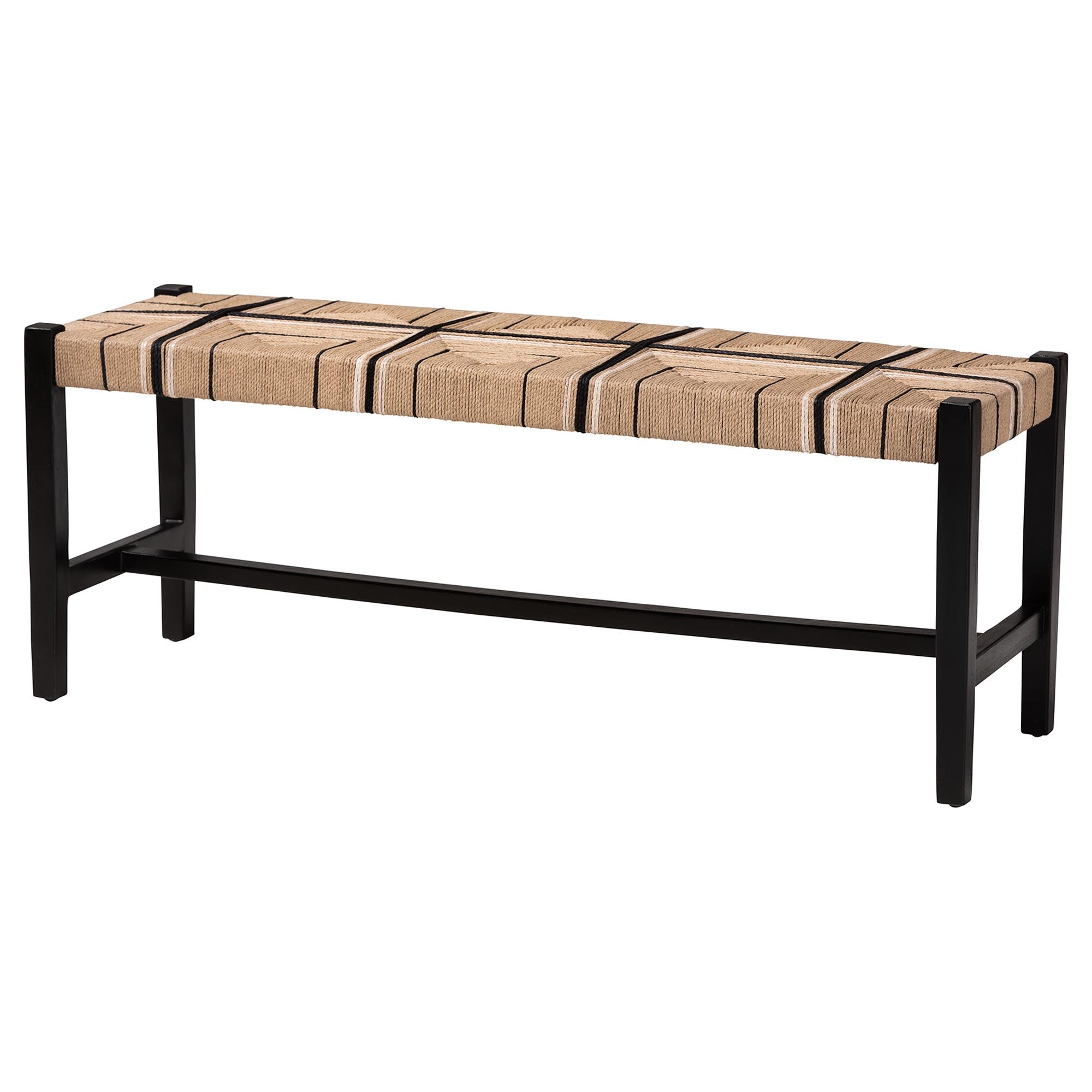 bali & pari Prita Woven Paper Loom Bench with Mahogany Wood Frame - Handcrafted Accent Seating for Dining Room or Entryway, Black