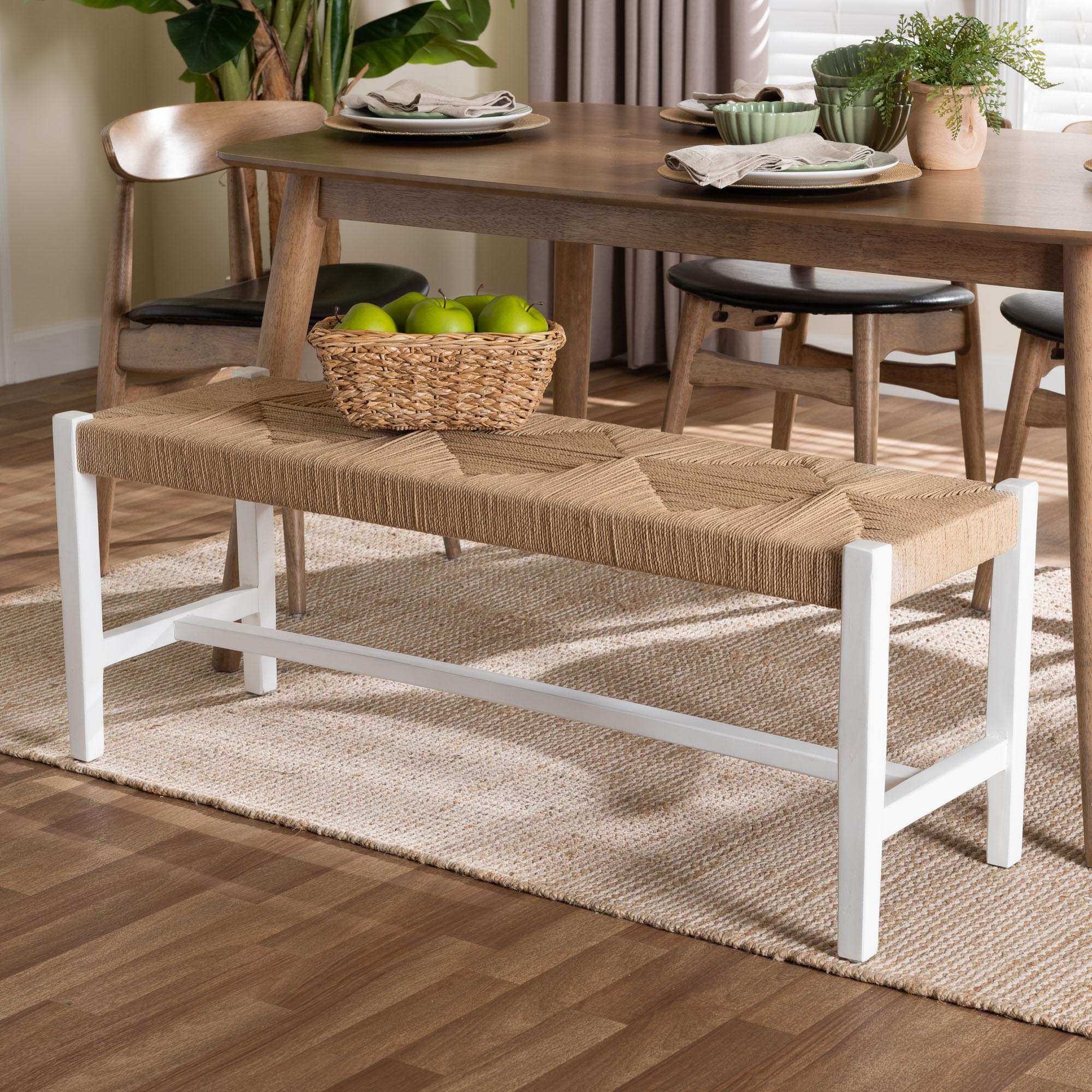Prita Woven Paper Loom Bench with Mahogany White Wood Frame - Handcrafted Accent Seating for Dining Room