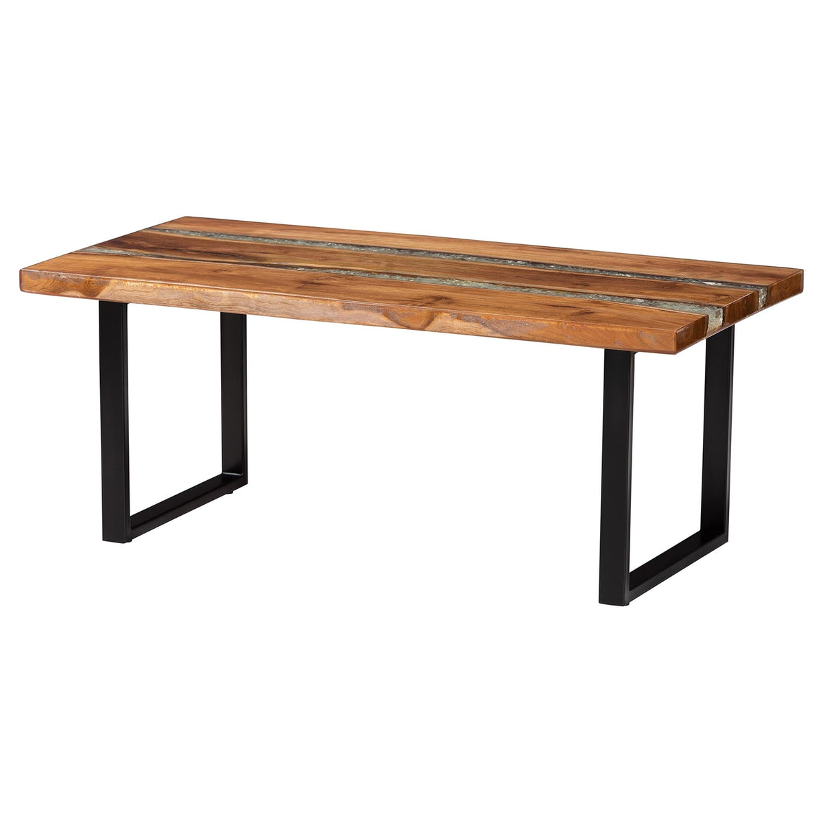 Apio Wood Epoxy Resin Coffee Table with Glass Inlay - Rectangular Live Edge Teak wood Accent Table with Black Metal Base, Modern Rustic Centerpiece