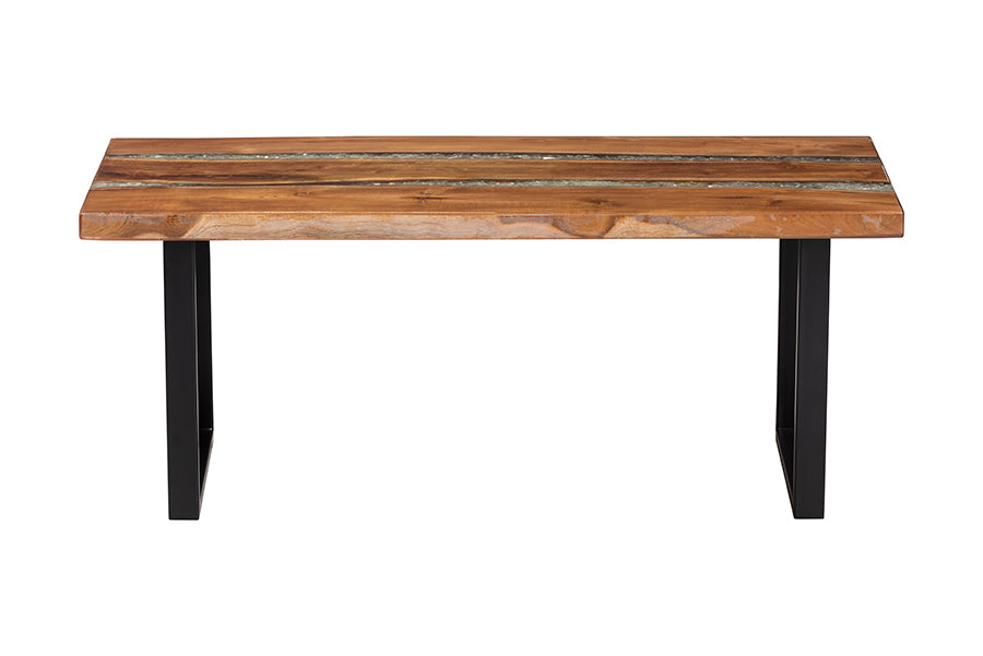 Apio Wood Epoxy Resin Coffee Table with Glass Inlay - Rectangular Live Edge Teak wood Accent Table with Black Metal Base, Modern Rustic Centerpiece