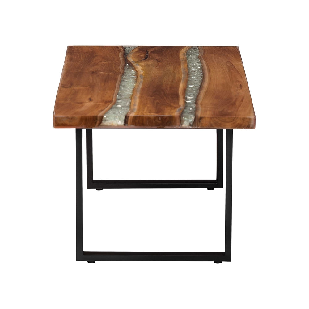 Apio Wood Epoxy Resin Coffee Table with Glass Inlay - Rectangular Live Edge Teak wood Accent Table with Black Metal Base, Modern Rustic Centerpiece