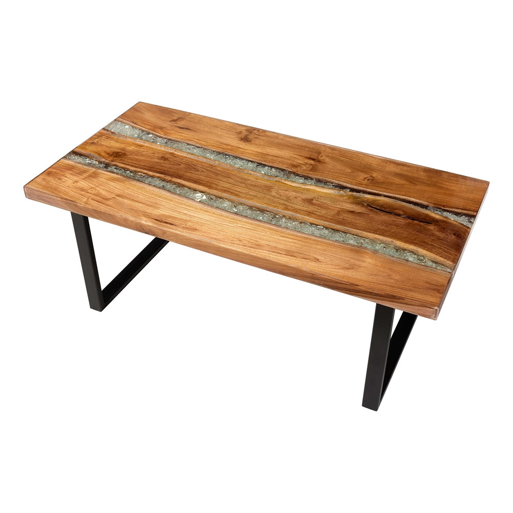 Apio Wood Epoxy Resin Coffee Table with Glass Inlay - Rectangular Live Edge Teak wood Accent Table with Black Metal Base, Modern Rustic Centerpiece