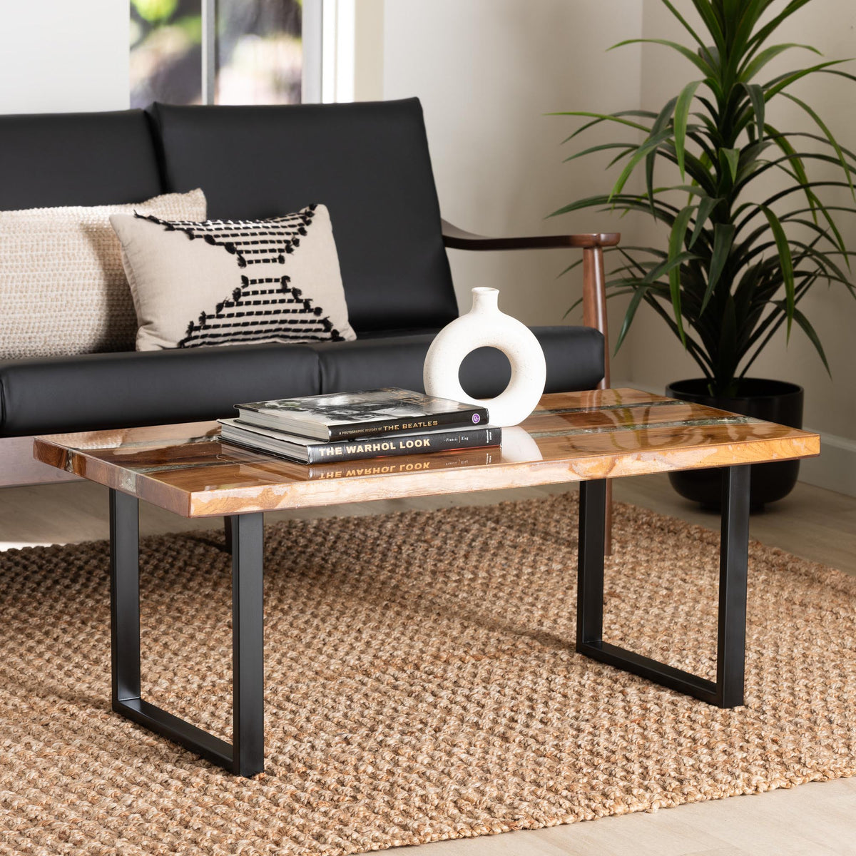Apio Wood Epoxy Resin Coffee Table with Glass Inlay - Rectangular Live Edge Teak wood Accent Table with Black Metal Base, Modern Rustic Centerpiece