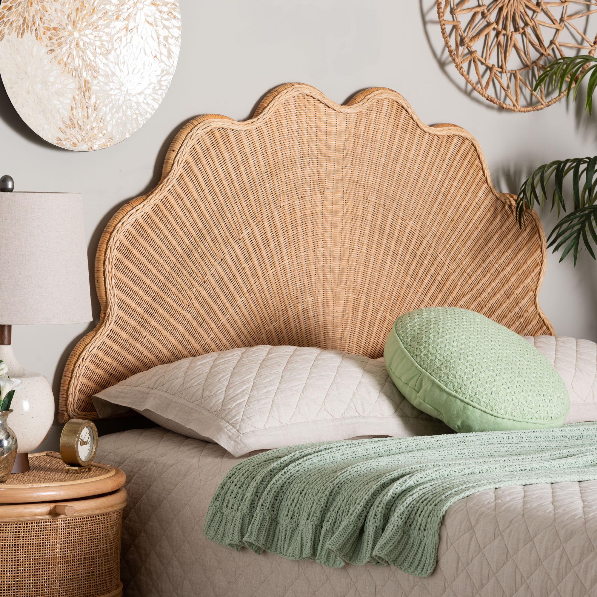 Callias Natural Rattan Scalloped Headboard with Sunburst Weave Coastal Boho Wicker Bed Backdrop for Bedroom Decor, Queen