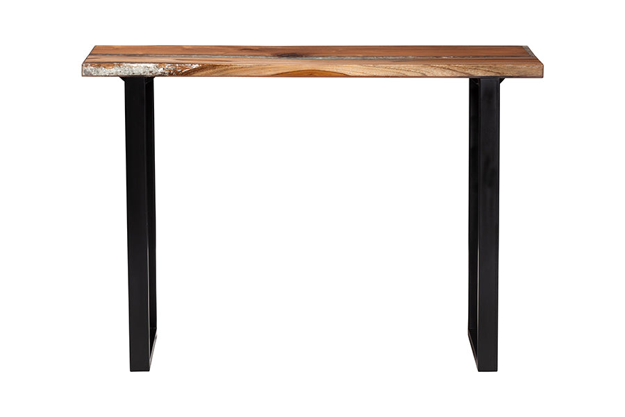bali & pari Apio Wood Epoxy Resin Console Table with Glass Inlay - Rectangular Live Edge Teak Wood Accent Table with Black Metal Base, Modern Rustic Furniture for Living Room or Entryway