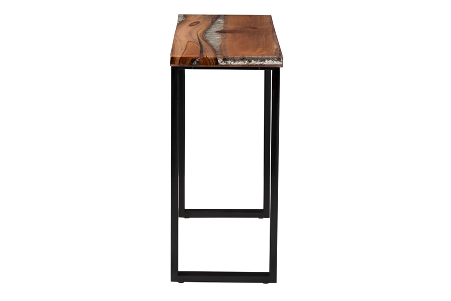 bali & pari Apio Wood Epoxy Resin Console Table with Glass Inlay - Rectangular Live Edge Teak Wood Accent Table with Black Metal Base, Modern Rustic Furniture for Living Room or Entryway