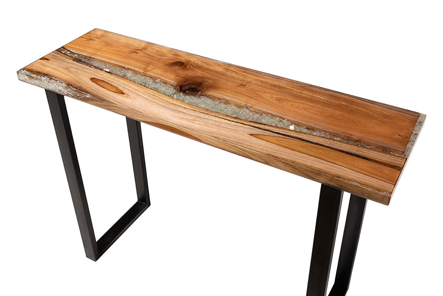 bali & pari Apio Wood Epoxy Resin Console Table with Glass Inlay - Rectangular Live Edge Teak Wood Accent Table with Black Metal Base, Modern Rustic Furniture for Living Room or Entryway