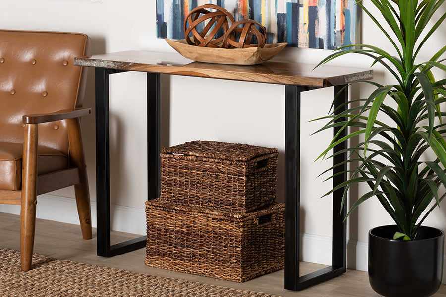 bali & pari Apio Wood Epoxy Resin Console Table with Glass Inlay - Rectangular Live Edge Teak Wood Accent Table with Black Metal Base, Modern Rustic Furniture for Living Room or Entryway