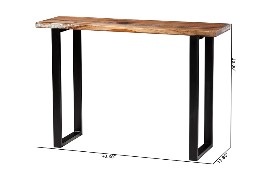 bali & pari Apio Wood Epoxy Resin Console Table with Glass Inlay - Rectangular Live Edge Teak Wood Accent Table with Black Metal Base, Modern Rustic Furniture for Living Room or Entryway