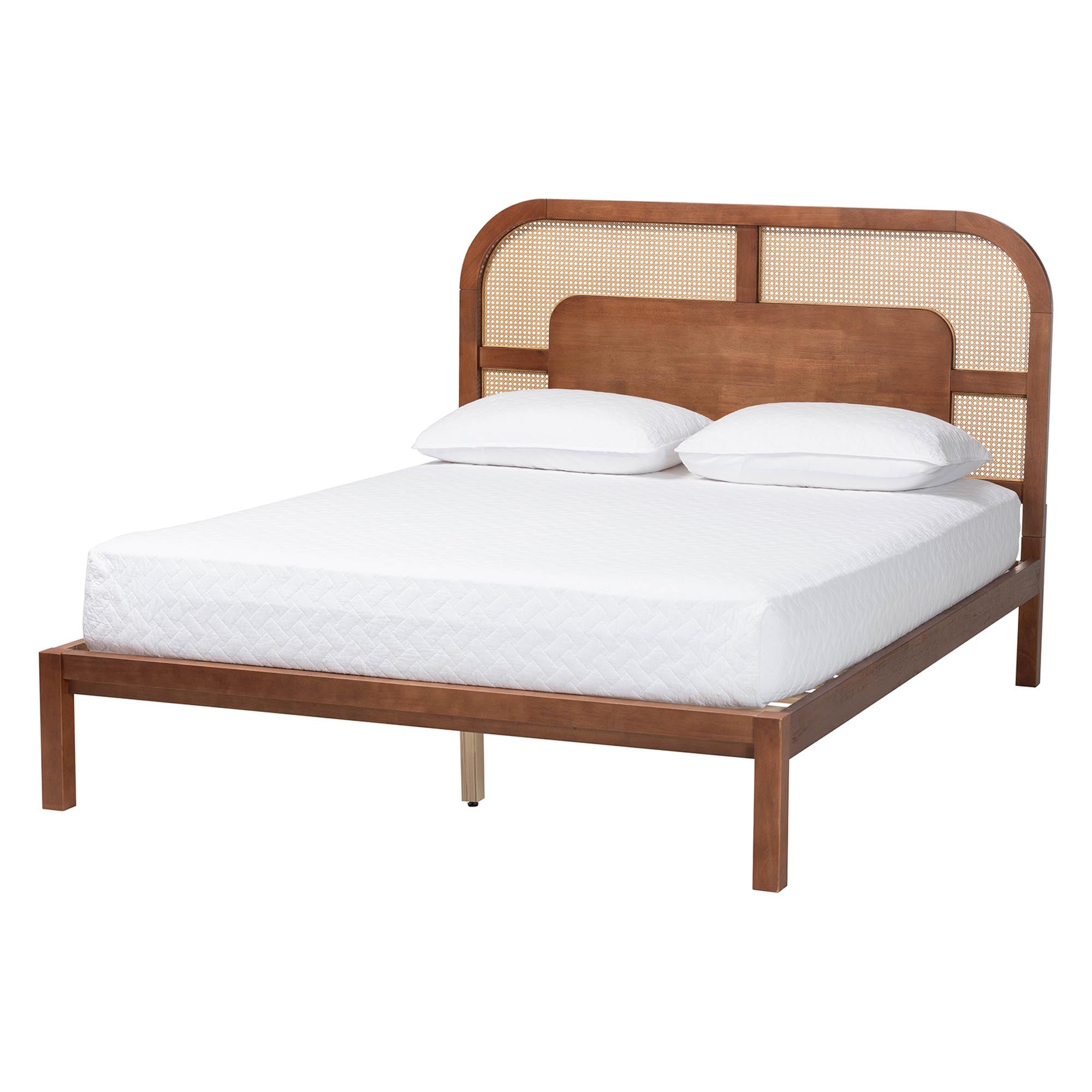 Baxton Studio Raewyn Wood Platform Bed -  Low Profile Bed Frame with Decorative Rattan Weave Inlay and Rounded Headboard, Queen