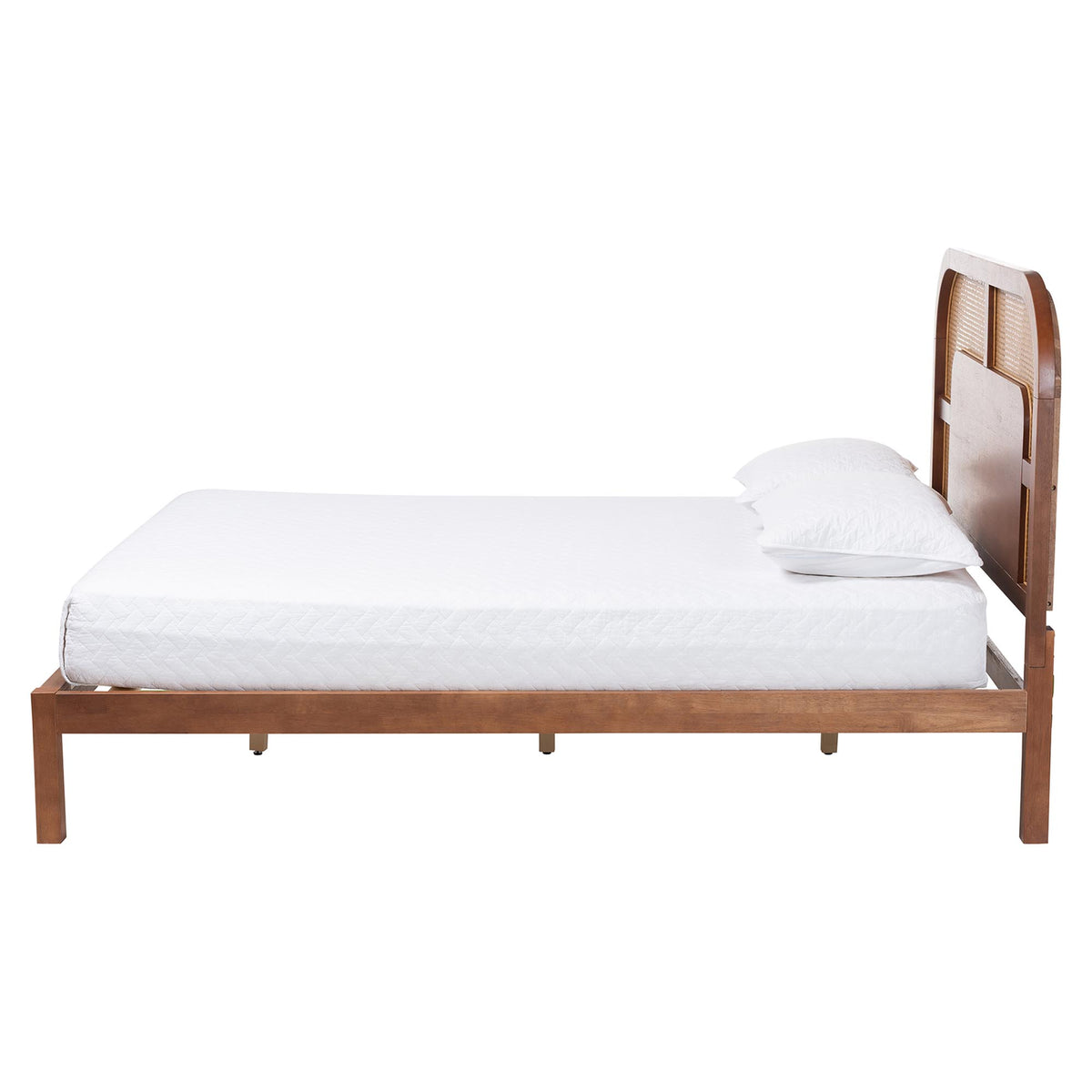 Raewyn Wood Platform Bed -  Low Profile Bed Frame with Decorative Rattan Weave Inlay and Rounded Headboard, Queen