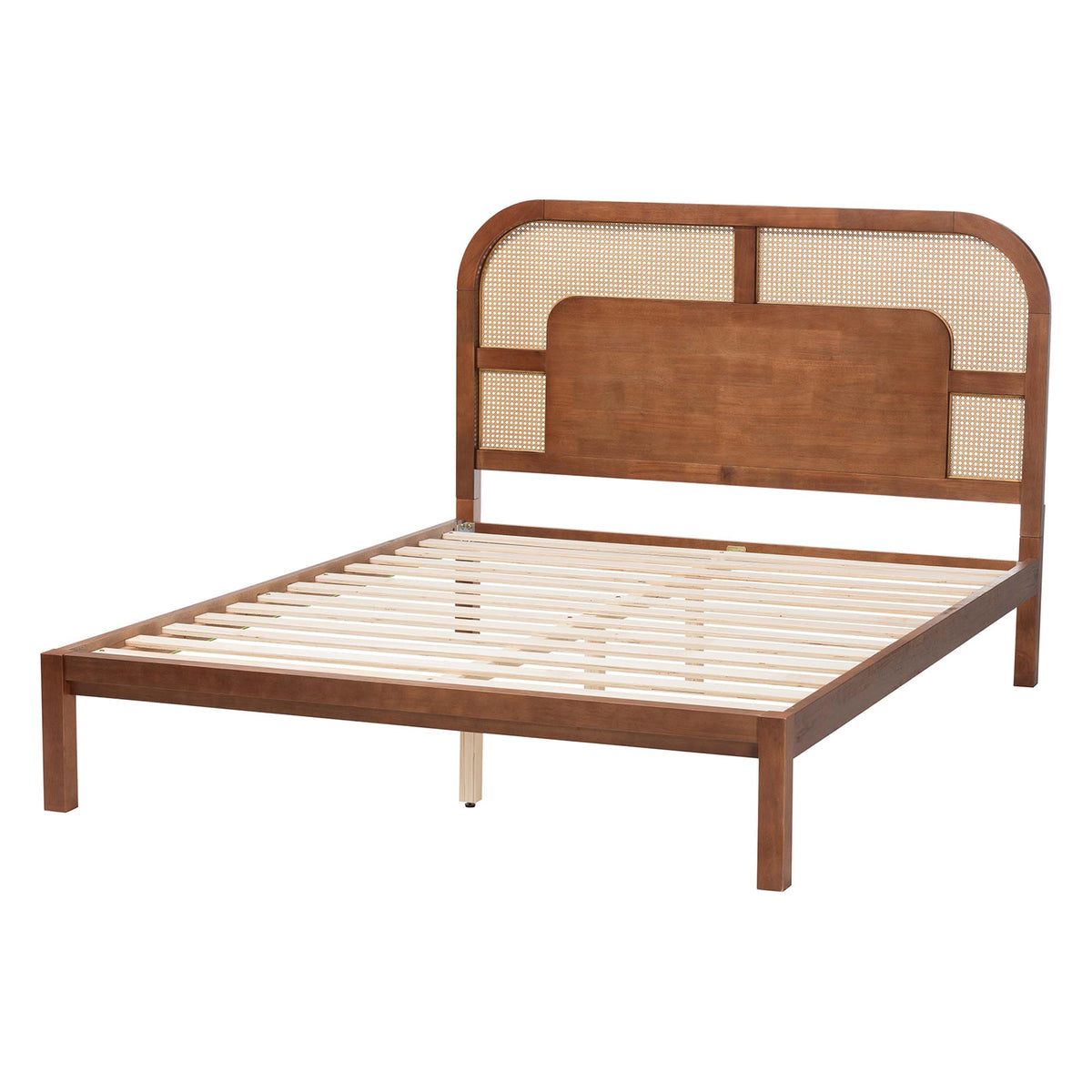 Raewyn Wood Platform Bed -  Low Profile Bed Frame with Decorative Rattan Weave Inlay and Rounded Headboard, Queen