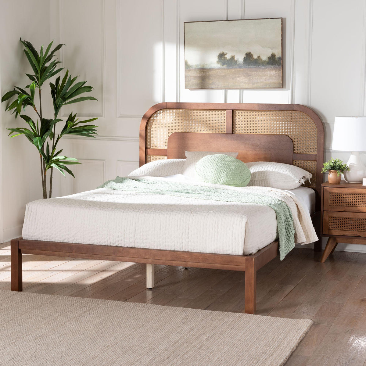 Raewyn Wood Platform Bed -  Low Profile Bed Frame with Decorative Rattan Weave Inlay and Rounded Headboard, Queen