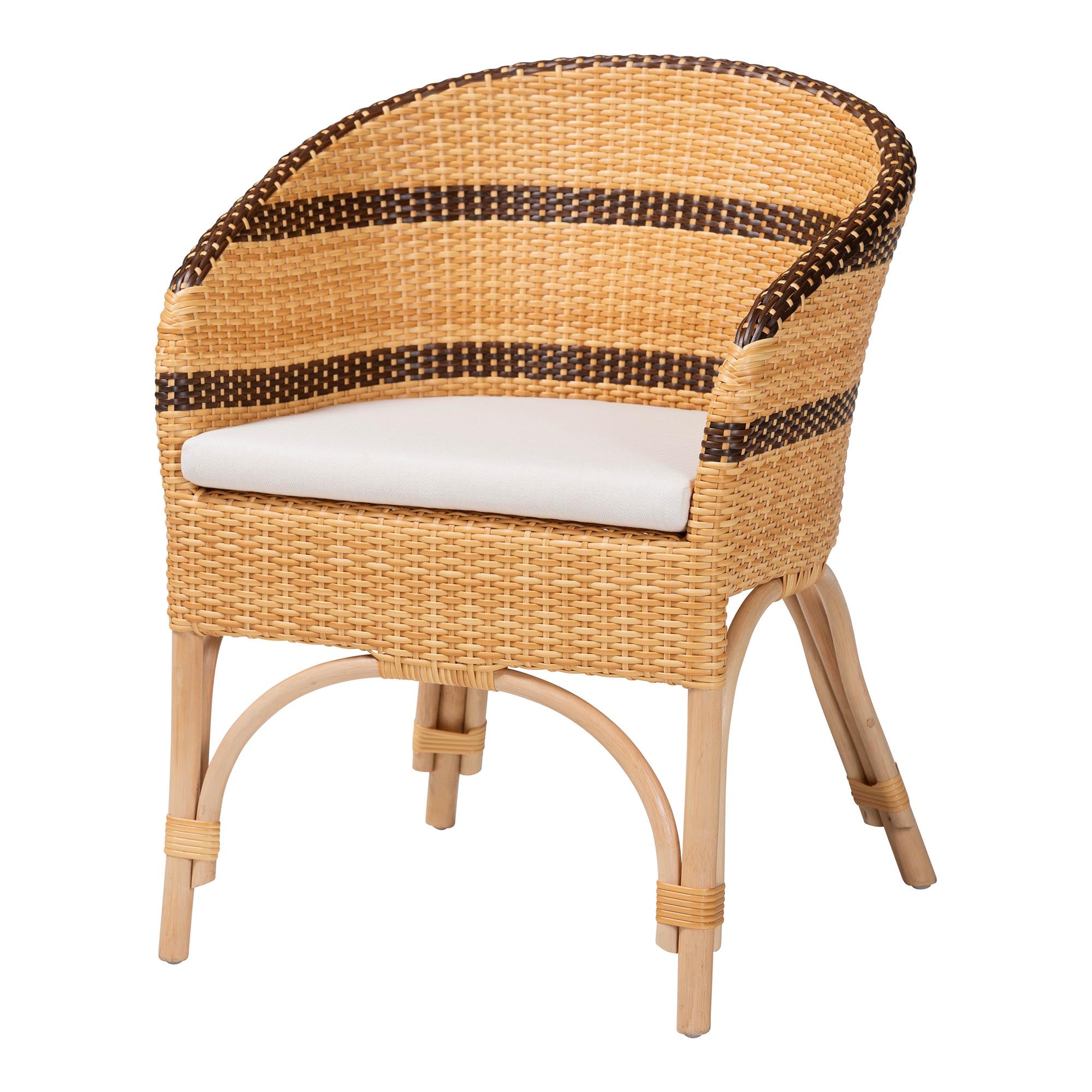 bali & pari Elma Rattan Dining Chair with Cushion - Barrel-Back Accent Chair with Synthetic Woven and Natural Rattan Frame, Boho Coastal Style Seating for Dining or Living Room