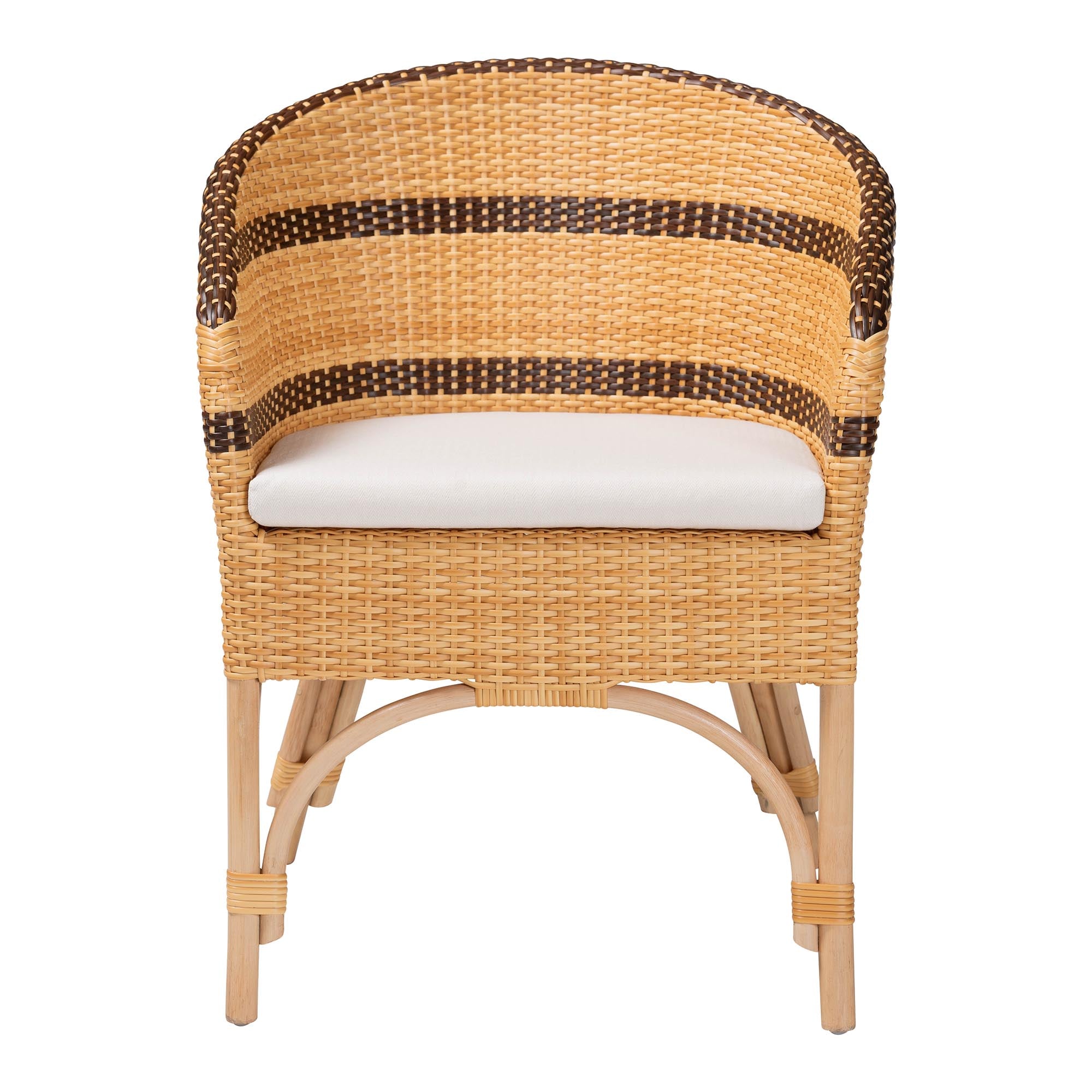 bali & pari Elma Rattan Dining Chair with Cushion - Barrel-Back Accent Chair with Synthetic Woven and Natural Rattan Frame, Boho Coastal Style Seating for Dining or Living Room