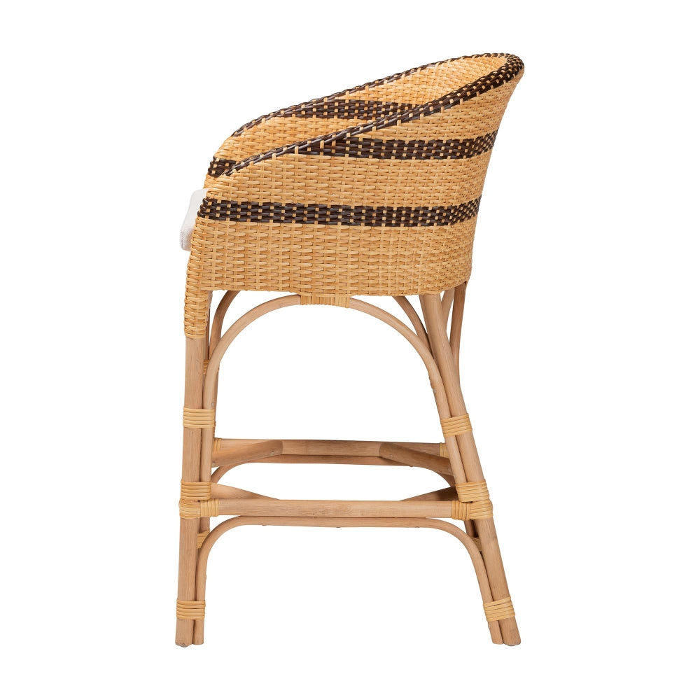 Elma Rattan Counter Stool with Cushion - Barrel-Back Counter Chair with Synthetic Woven and Natural Rattan Frame, Boho Coastal Style Seating for Kitchen or Lounge