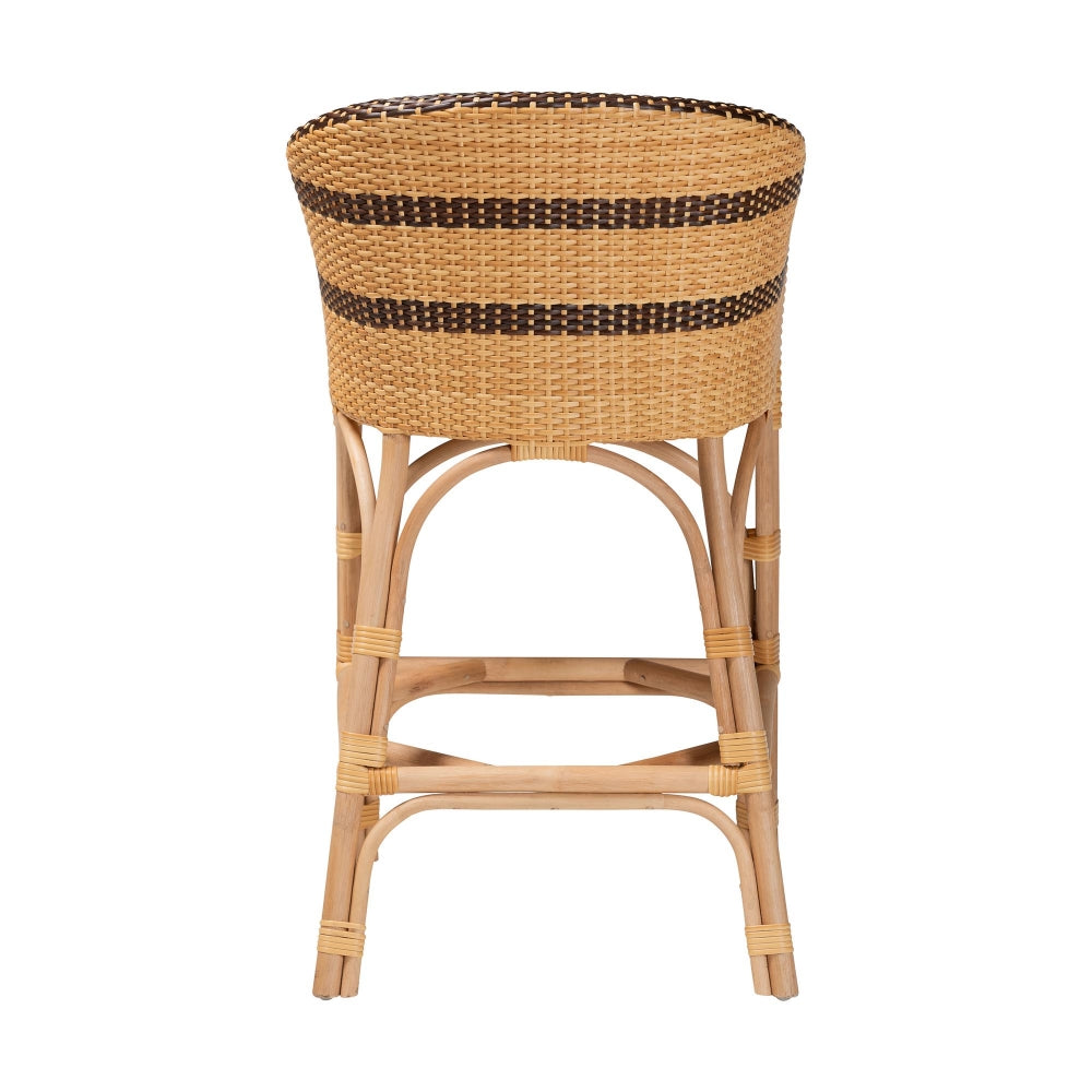 Elma Rattan Counter Stool with Cushion - Barrel-Back Counter Chair with Synthetic Woven and Natural Rattan Frame, Boho Coastal Style Seating for Kitchen or Lounge