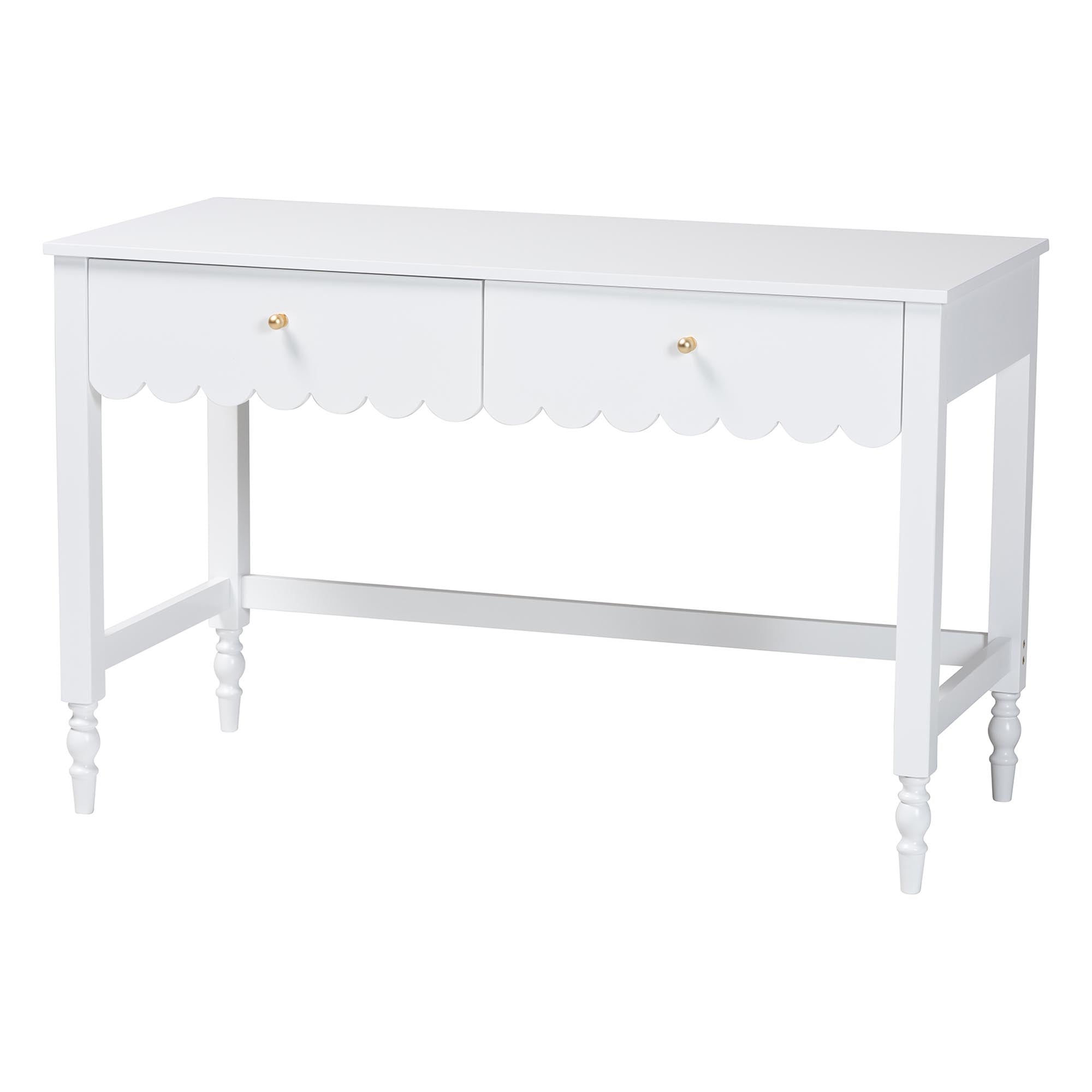 Baxton Studio Roni Writing Desk with Drawers - Modern Cottage Style Desk with Scalloped Detailing for Home Office or Vanity, White