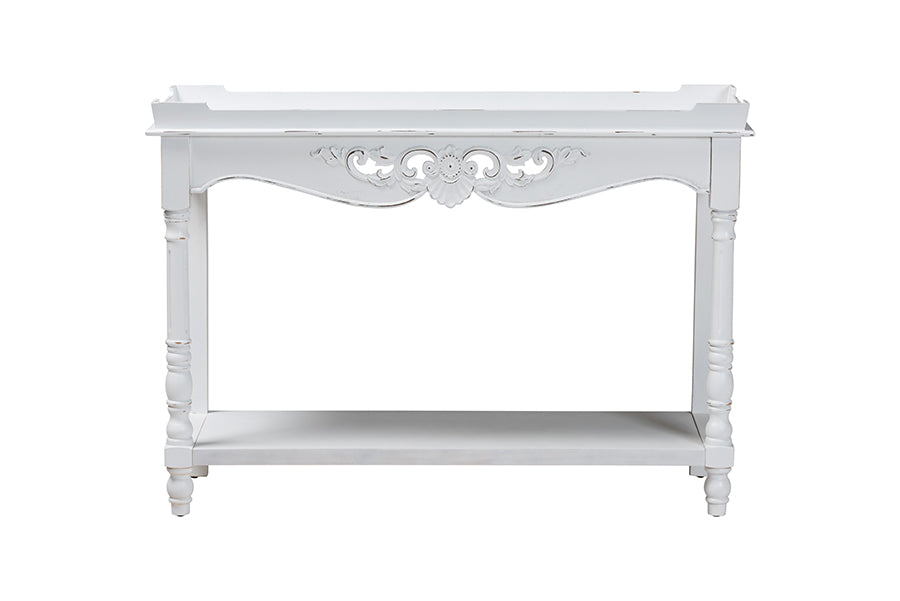 Rafferty Distressed Console Table - Vintage-Inspired White Accent Table with Ornate Carved Apron and Lower Shelf, Classic Entryway or Sofa Table