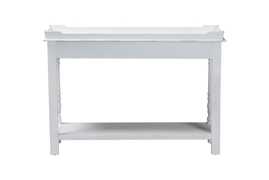 Rafferty Distressed Console Table - Vintage-Inspired White Accent Table with Ornate Carved Apron and Lower Shelf, Classic Entryway or Sofa Table
