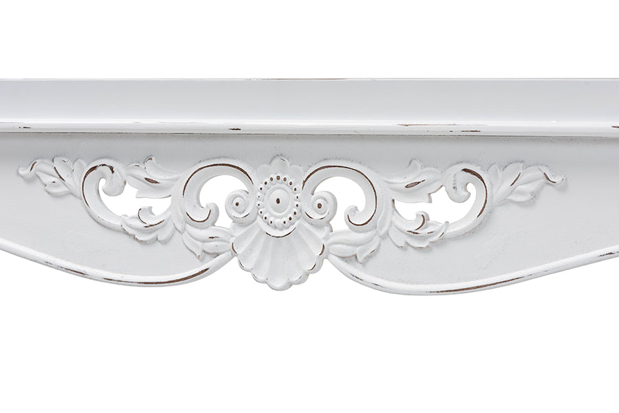 Rafferty Distressed Console Table - Vintage-Inspired White Accent Table with Ornate Carved Apron and Lower Shelf, Classic Entryway or Sofa Table