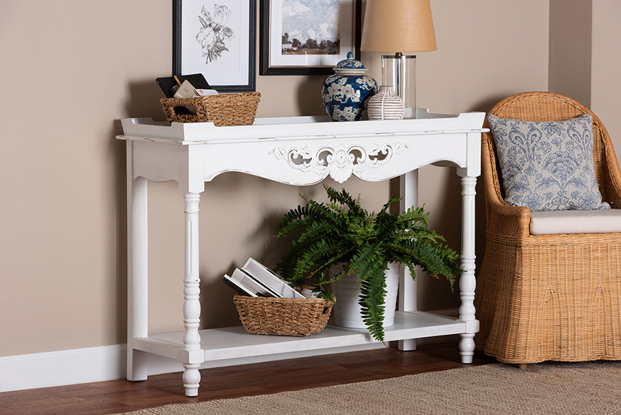 Rafferty Distressed Console Table - Vintage-Inspired White Accent Table with Ornate Carved Apron and Lower Shelf, Classic Entryway or Sofa Table