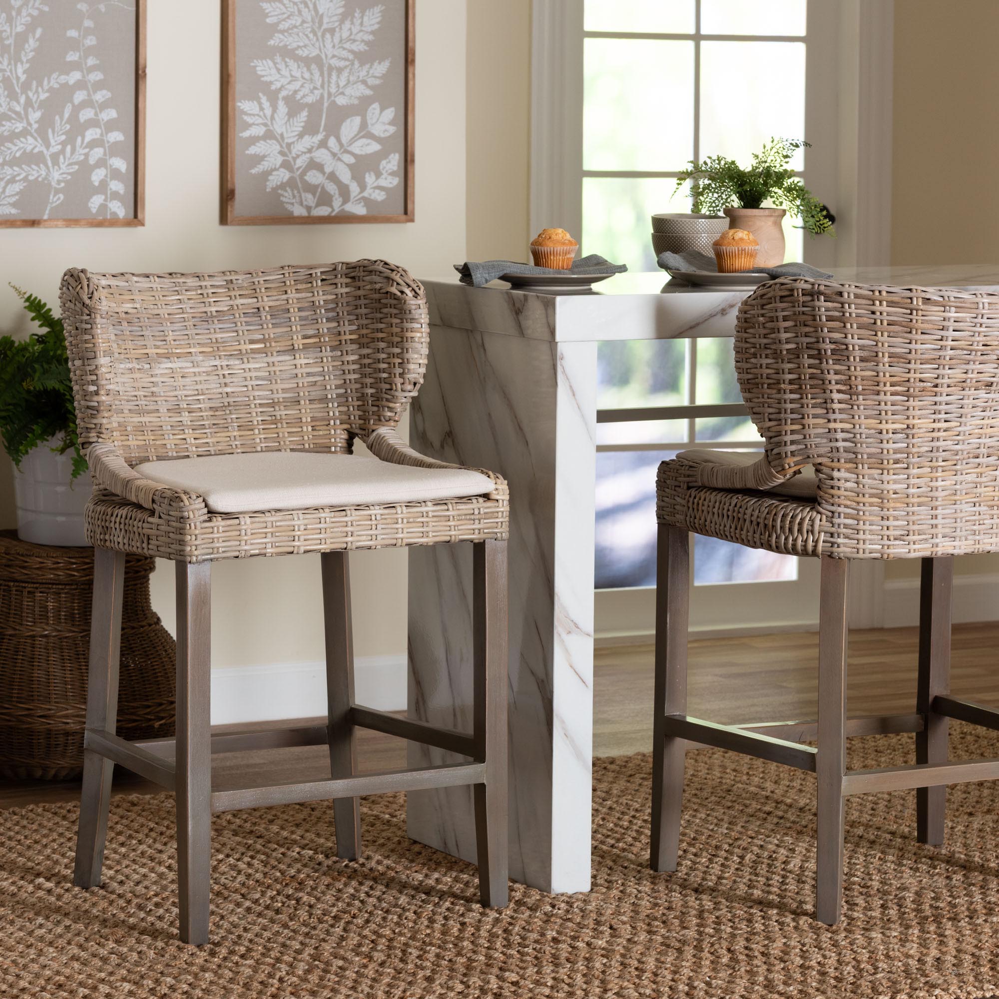 Niesha Kubu Rattan Counter Stool with Cushion - Handwoven Wicker Accent Stool with Flared Arms Design for Kitchen Island